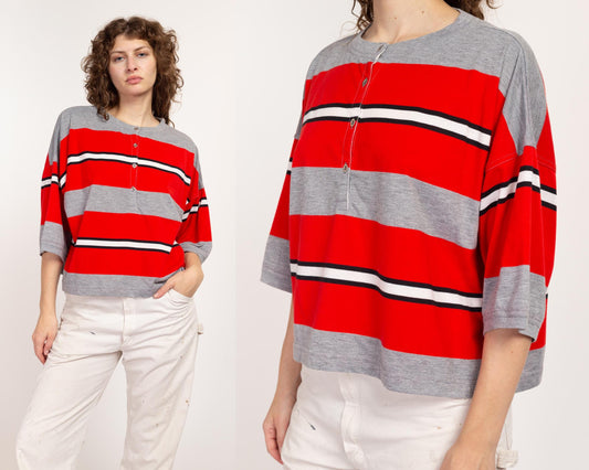 One Size 80s Esprit Red Striped Cropped Boxy Tee | Vintage Oversize Short Sleeve Crop Top Henley T Shirt