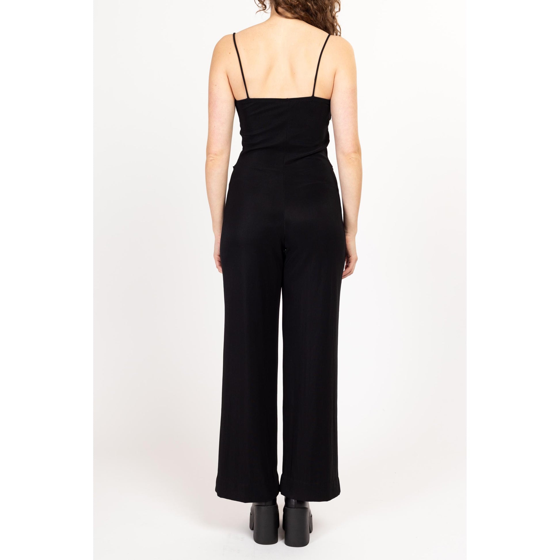 Medium 90s Slinky Black Butterfly Belt Jumpsuit | Vintage Spaghetti Strap Silver Metal Belted Pantsuit