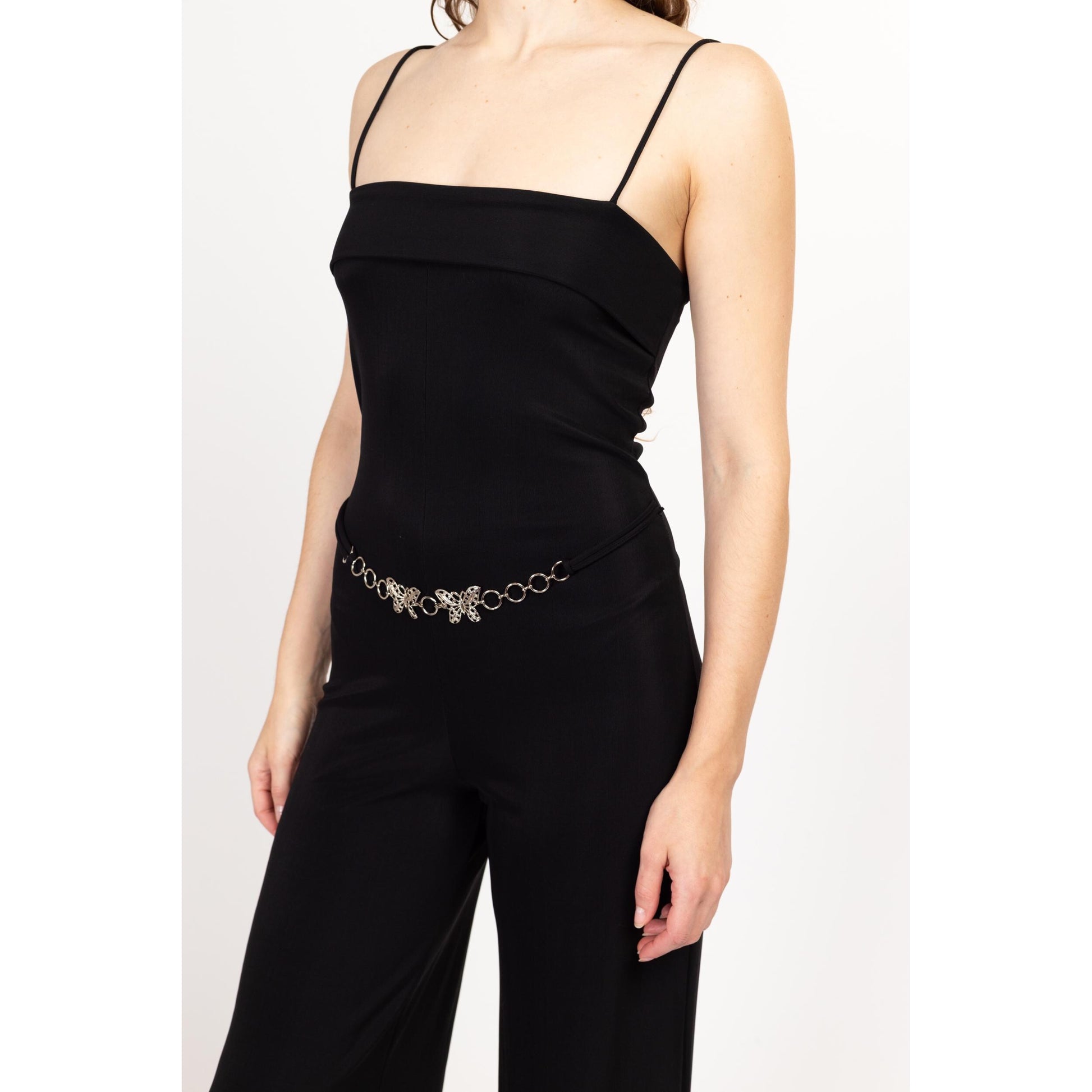 Medium 90s Slinky Black Butterfly Belt Jumpsuit | Vintage Spaghetti Strap Silver Metal Belted Pantsuit