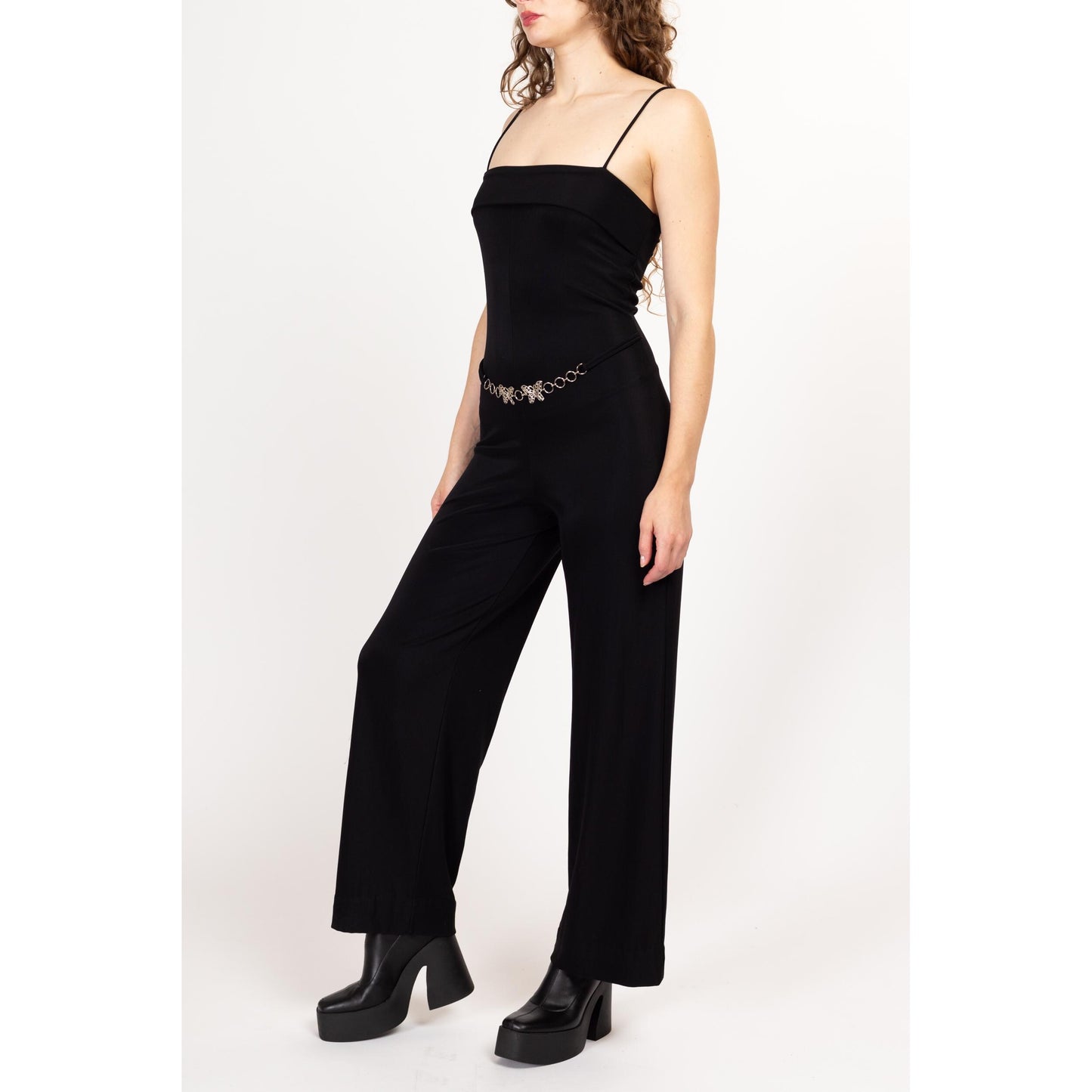 Medium 90s Slinky Black Butterfly Belt Jumpsuit | Vintage Spaghetti Strap Silver Metal Belted Pantsuit