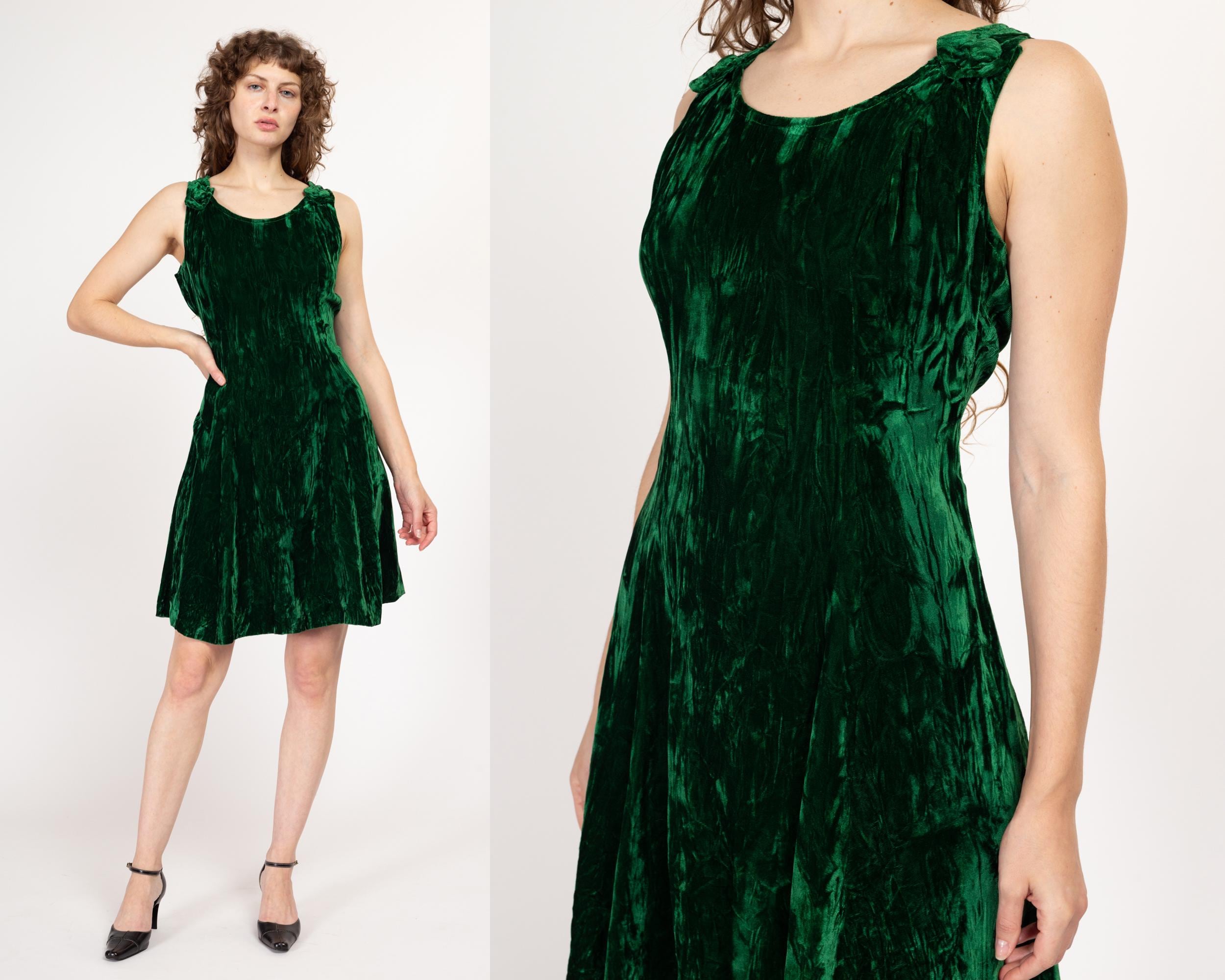 Vintage In Chance Flash Flocked Velvet Evening Retro Green good Dress Small