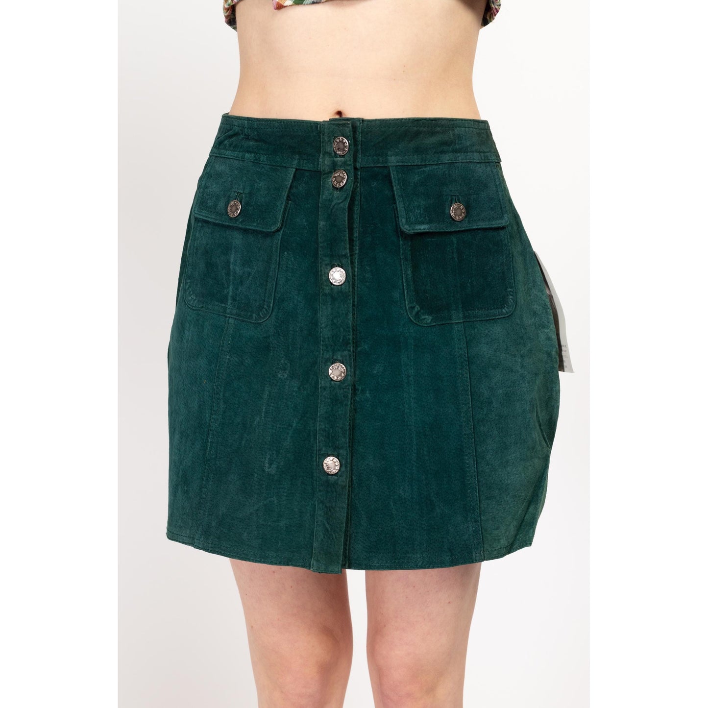 Medium 90s Emerald Green Suede Mini Skirt Size 8 NWT | Vintage High Waisted Button Up Boho Leather Skirt