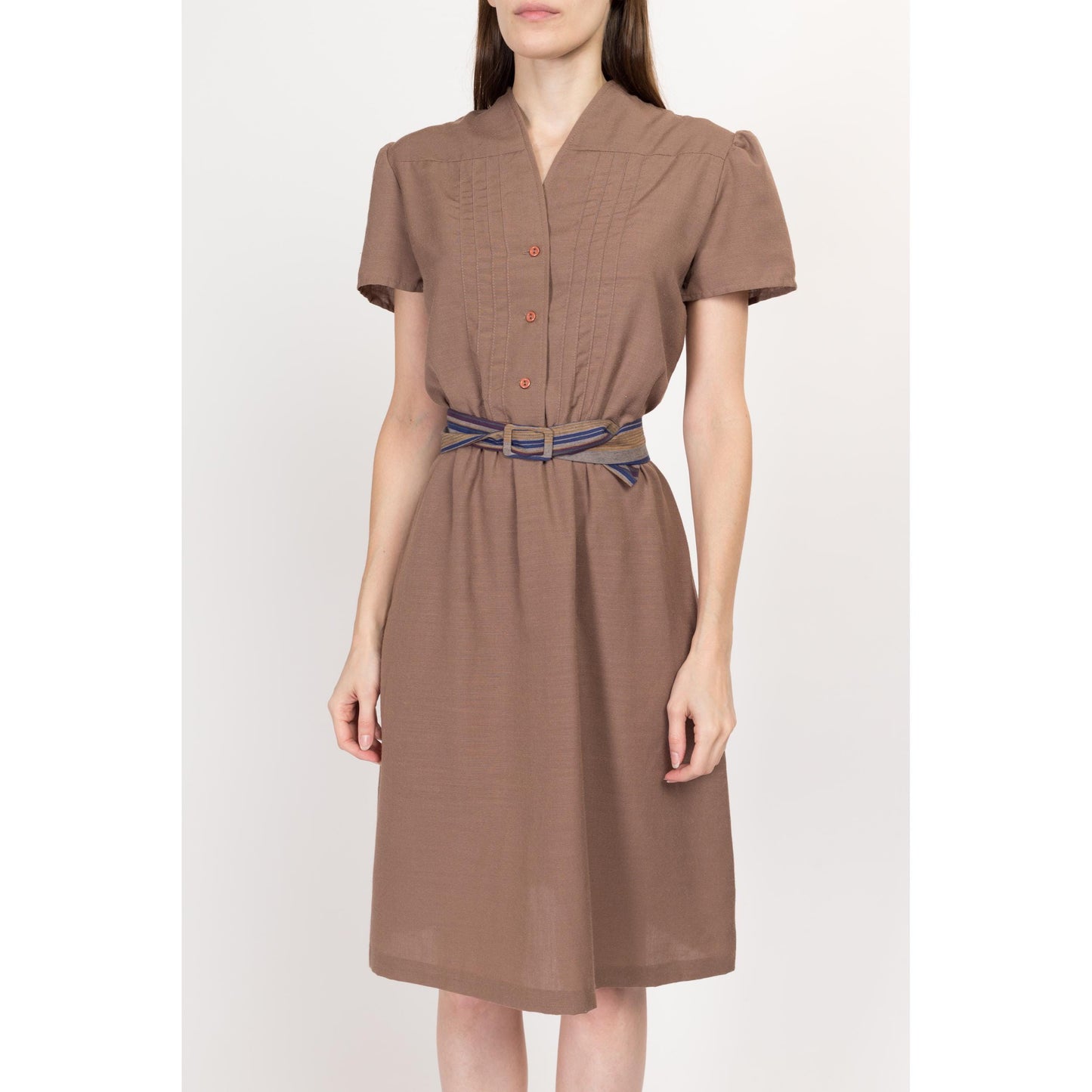 Medium 70s Cocoa Brown Belted Shirtdress | Vintage Short Puff Sleeve Knee Length Dress