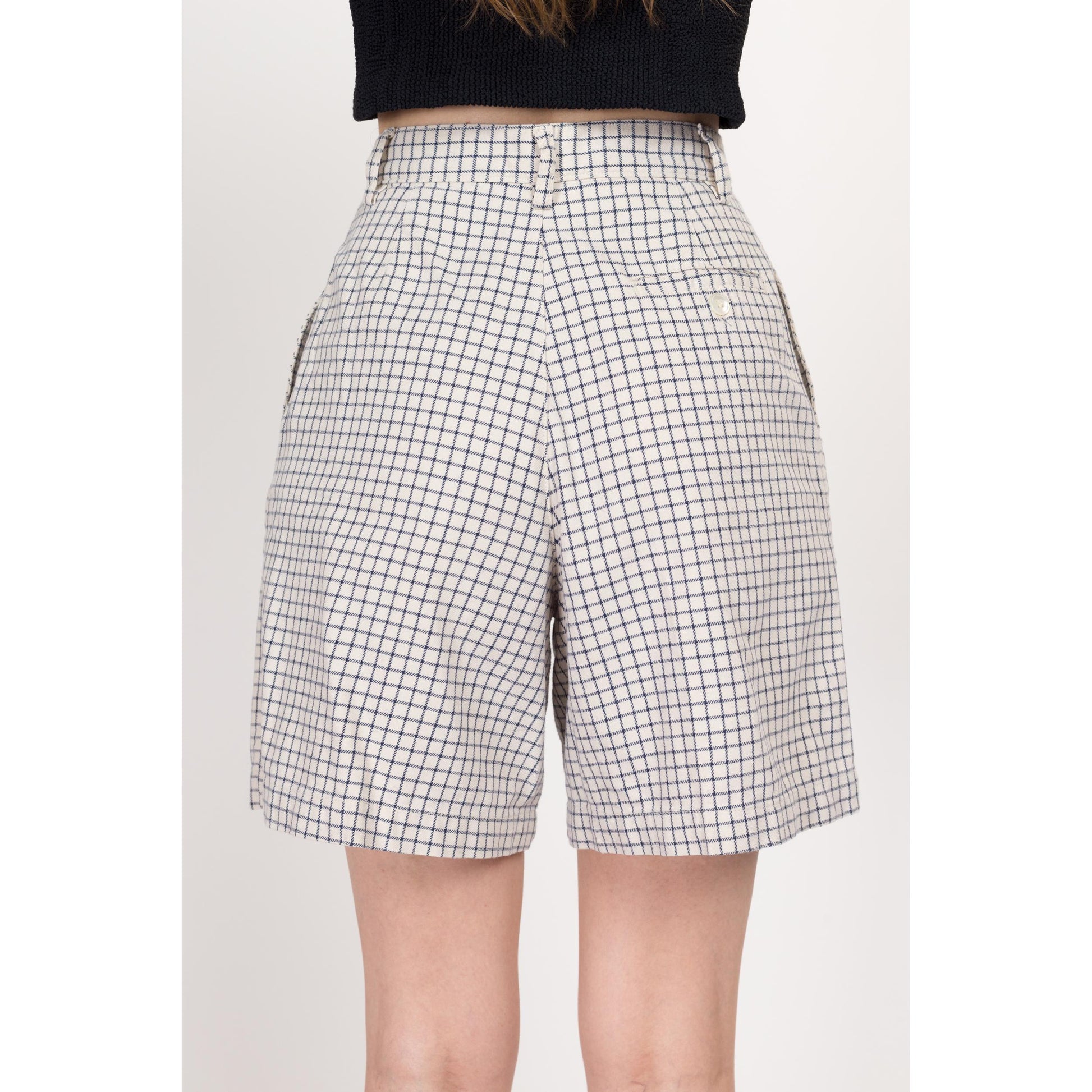 Small 80s Calvin Klein Windowpane Plaid Shorts 25.5" | Vintage High Waisted Blue White Cotton Pleated Shorts