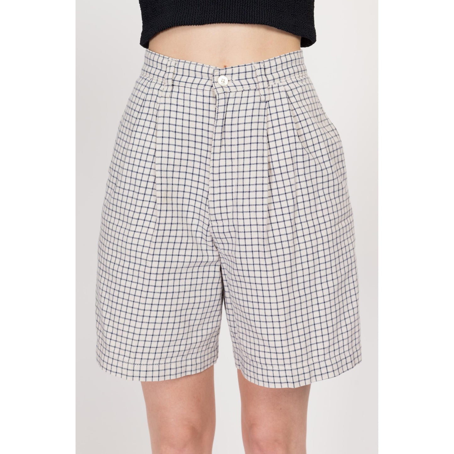 Small 80s Calvin Klein Windowpane Plaid Shorts 25.5" | Vintage High Waisted Blue White Cotton Pleated Shorts