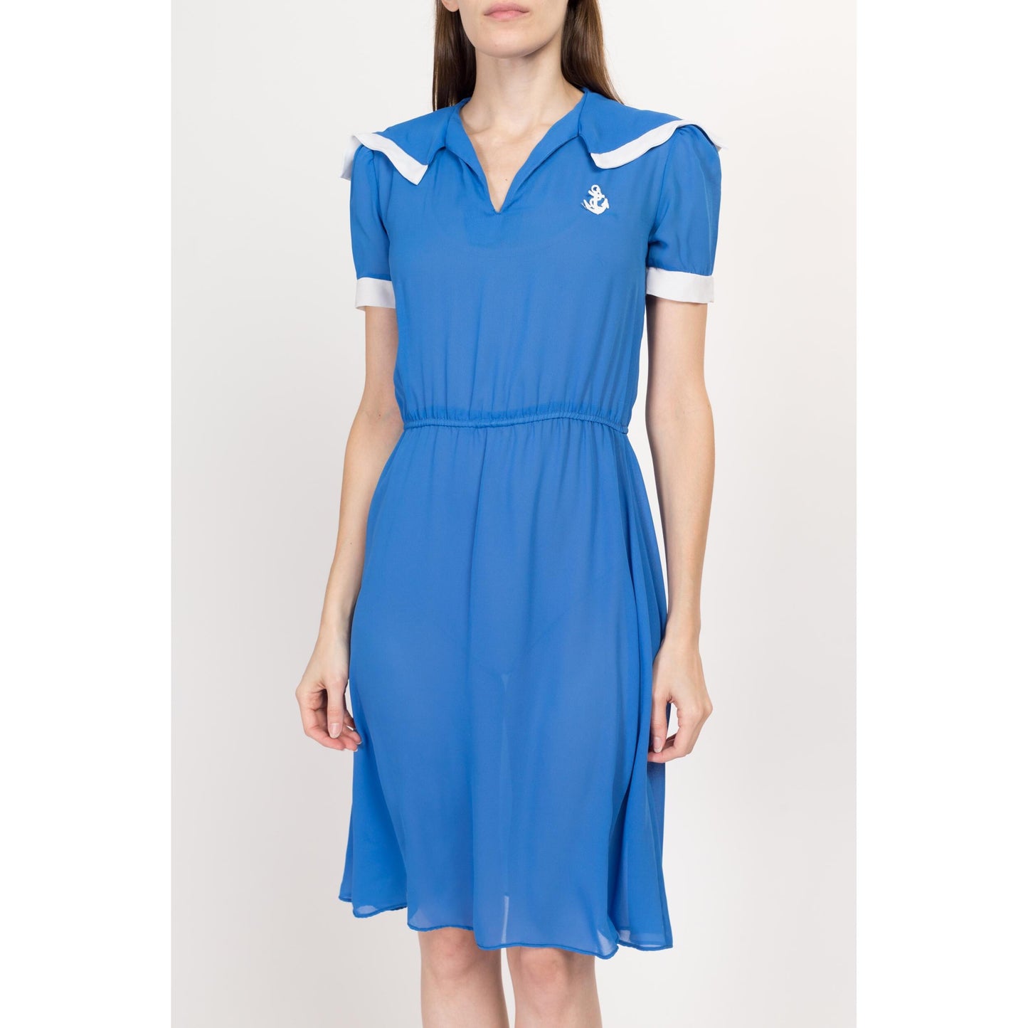 XS 70s Blue Nautical Anchor Applique Mini Dress | Vintage Mod A-Line Retro Sheer Sailor Style Costume Dress