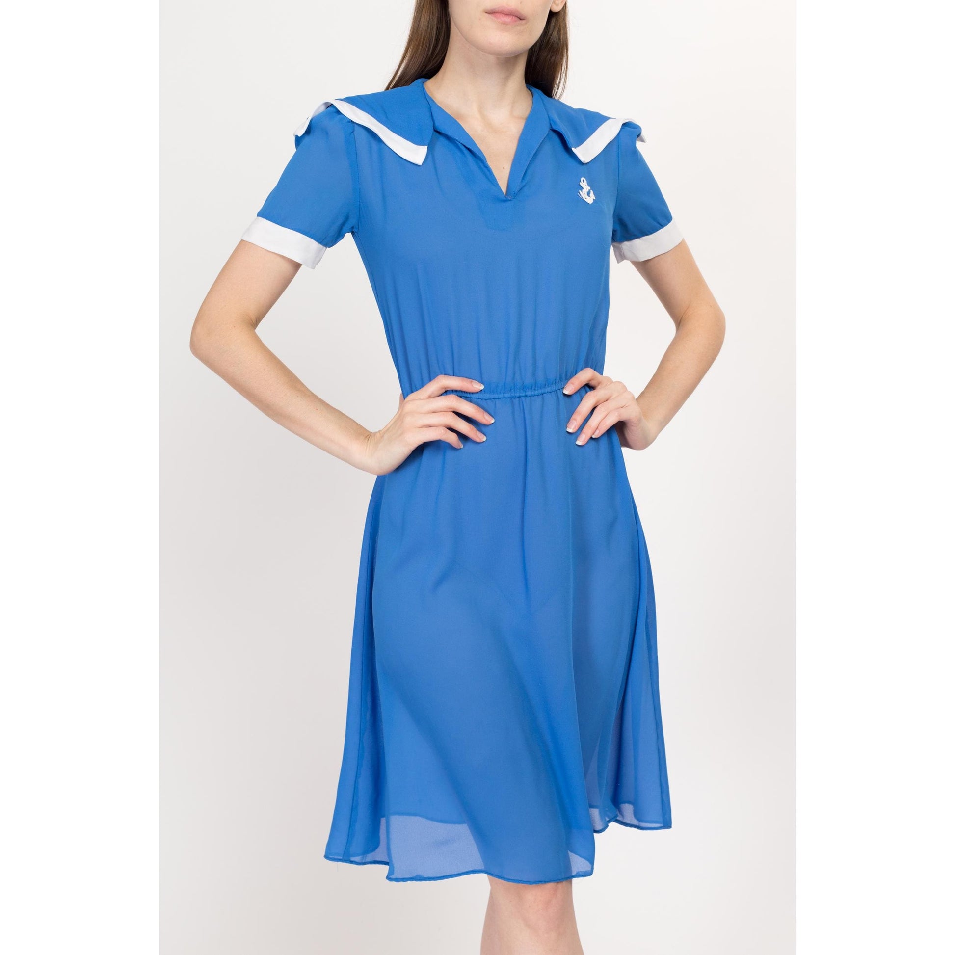 XS 70s Blue Nautical Anchor Applique Mini Dress | Vintage Mod A-Line Retro Sheer Sailor Style Costume Dress