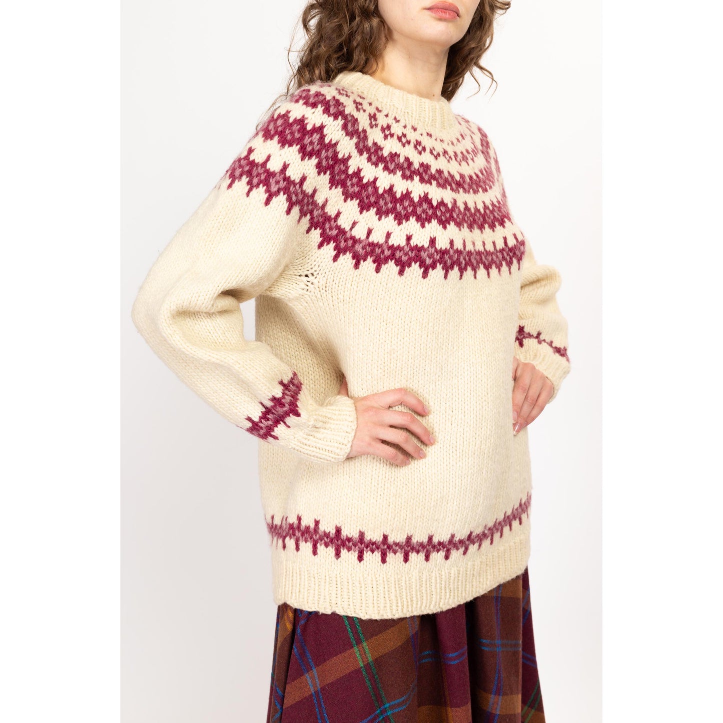 XL Vintage Icelandic Fair Isle Lopapeysa Wool Sweater | 70s 80s Cream Purple Nordic Lopi Hand Knit Pullover Jumper