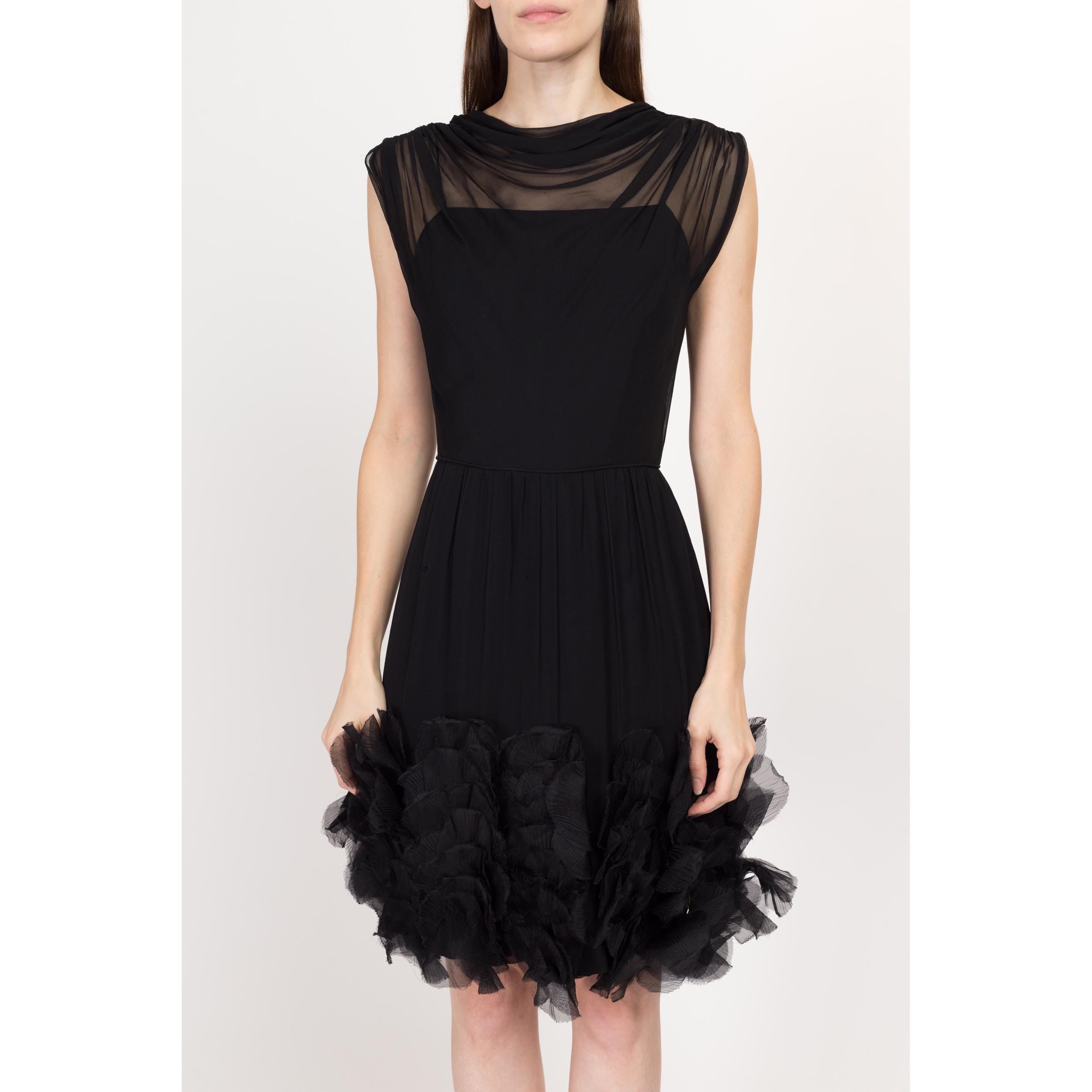 Small 60s Black Sheer Illusion Petal Skirt Cocktail Dress