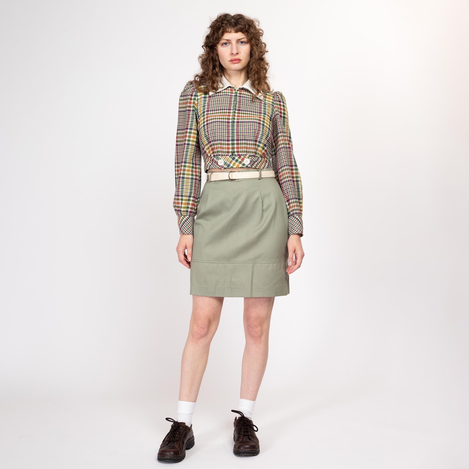 Medium 70s 80s Sage Green Belted Mini Skirt 29" | Vintage Secretary A Line Miniskirt