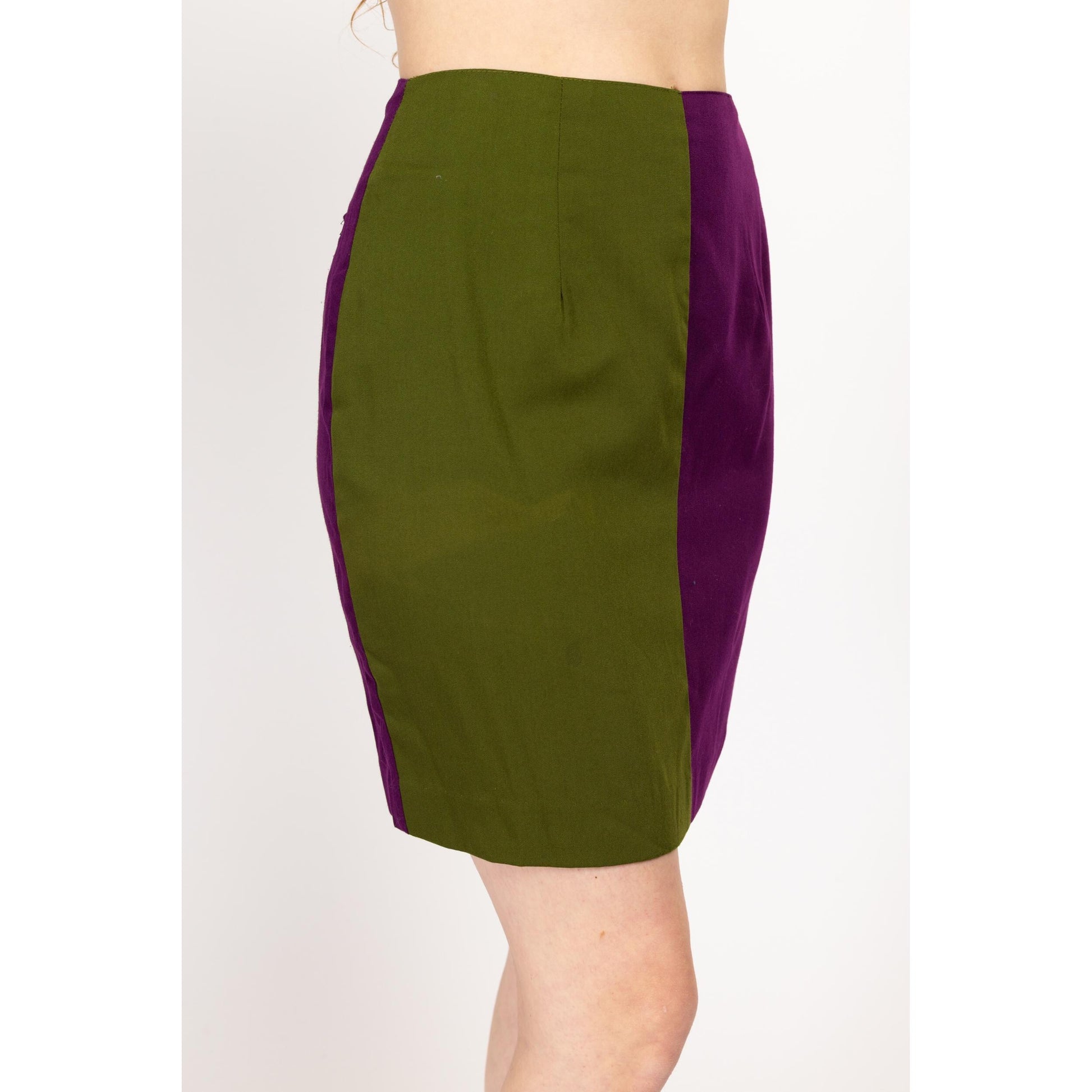 Medium 90s Green & Purple Color Block Mini Skirt | Vintage Two Tone High Waisted Pencil Miniskirt