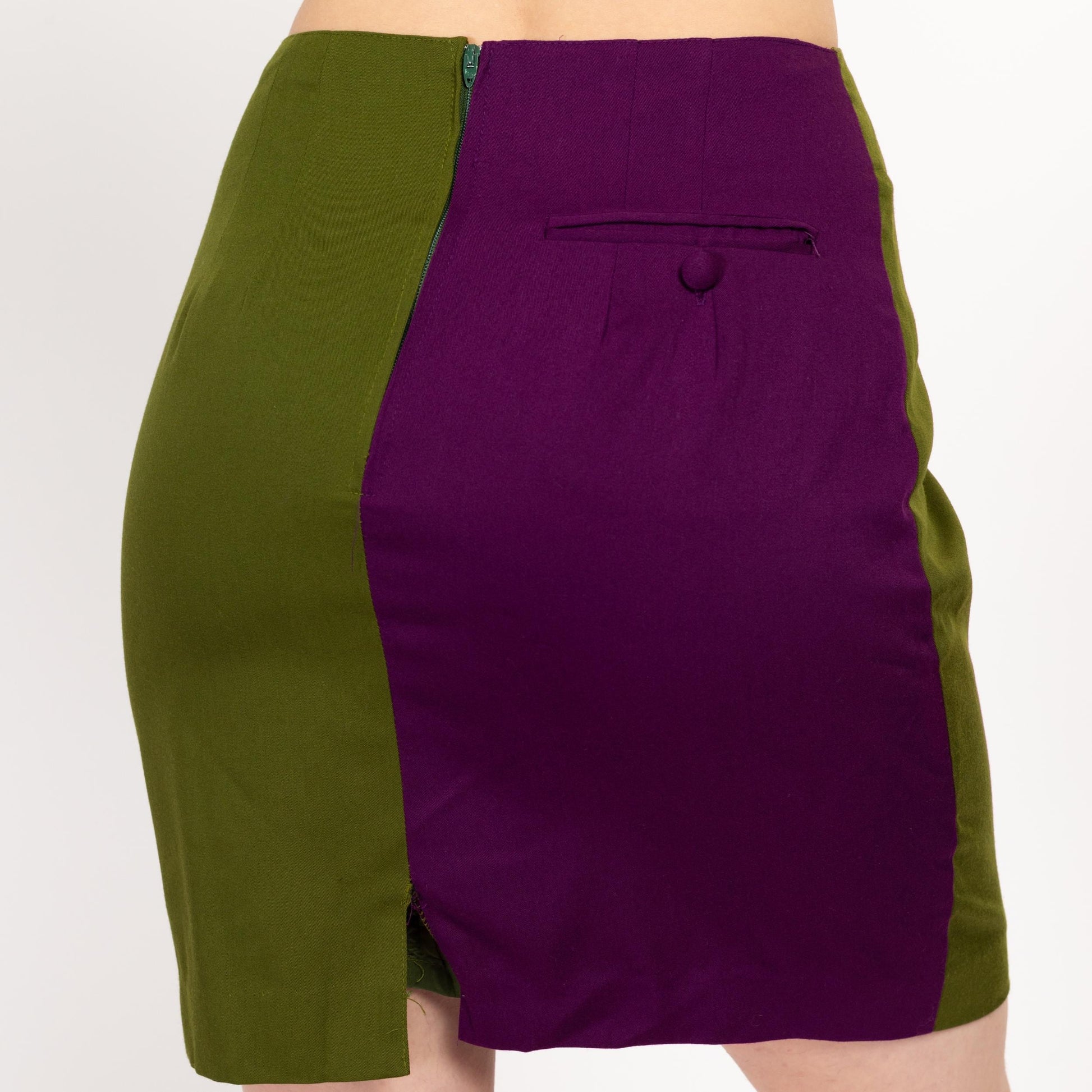 Medium 90s Green & Purple Color Block Mini Skirt | Vintage Two Tone High Waisted Pencil Miniskirt