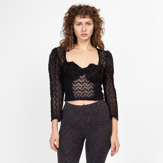 Med-Lrg 80s Madonna Gothic Black Lace Crop Top | Vintage Long Sheer Sleeve Molded Cup Cropped Blouse