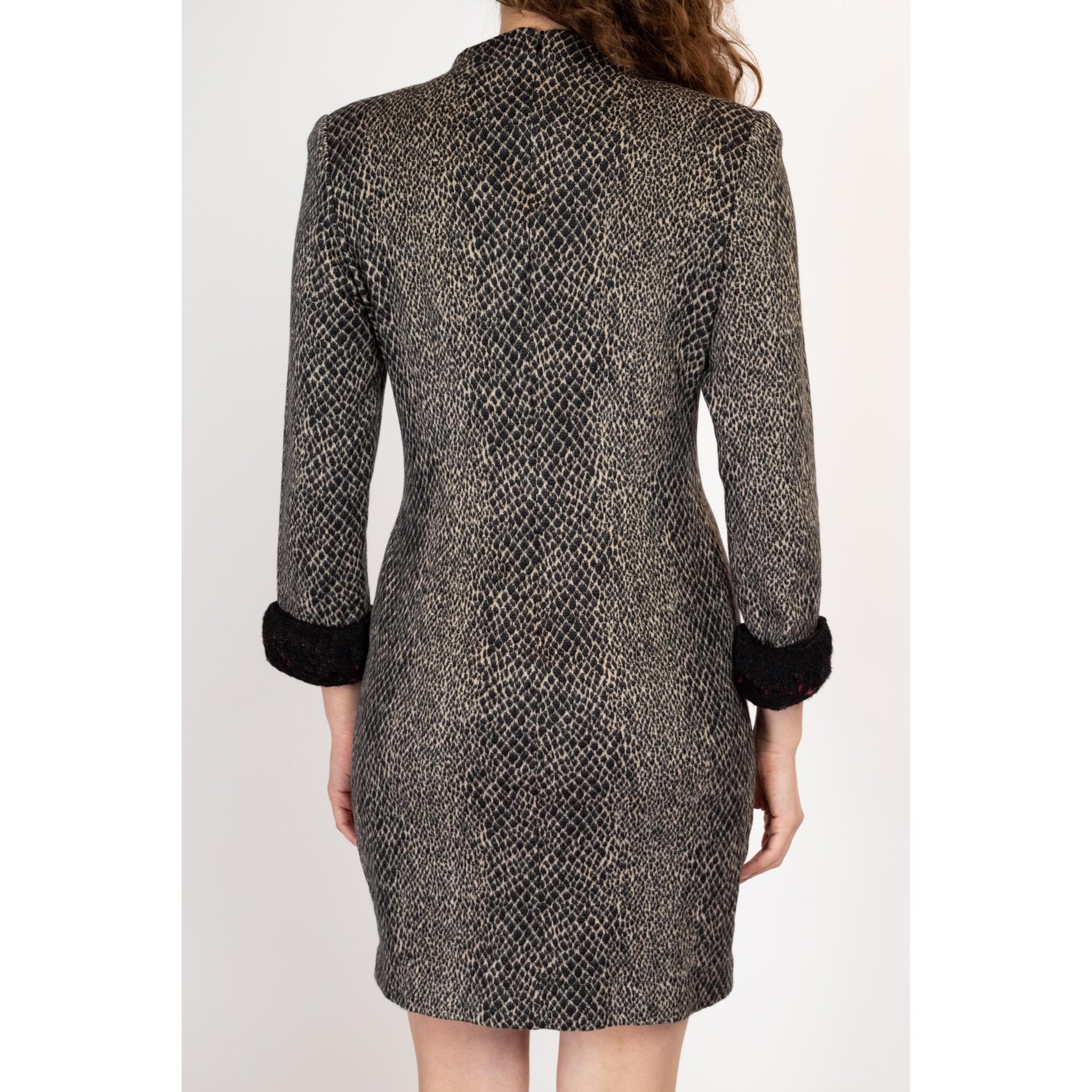 Med-Lrg 90s Snakeskin Faux Fur Trim Bodycon Mini Dress | Vintage Mockneck Long Sleeve Jersey Knit Animal Print Cocktail Party Dress