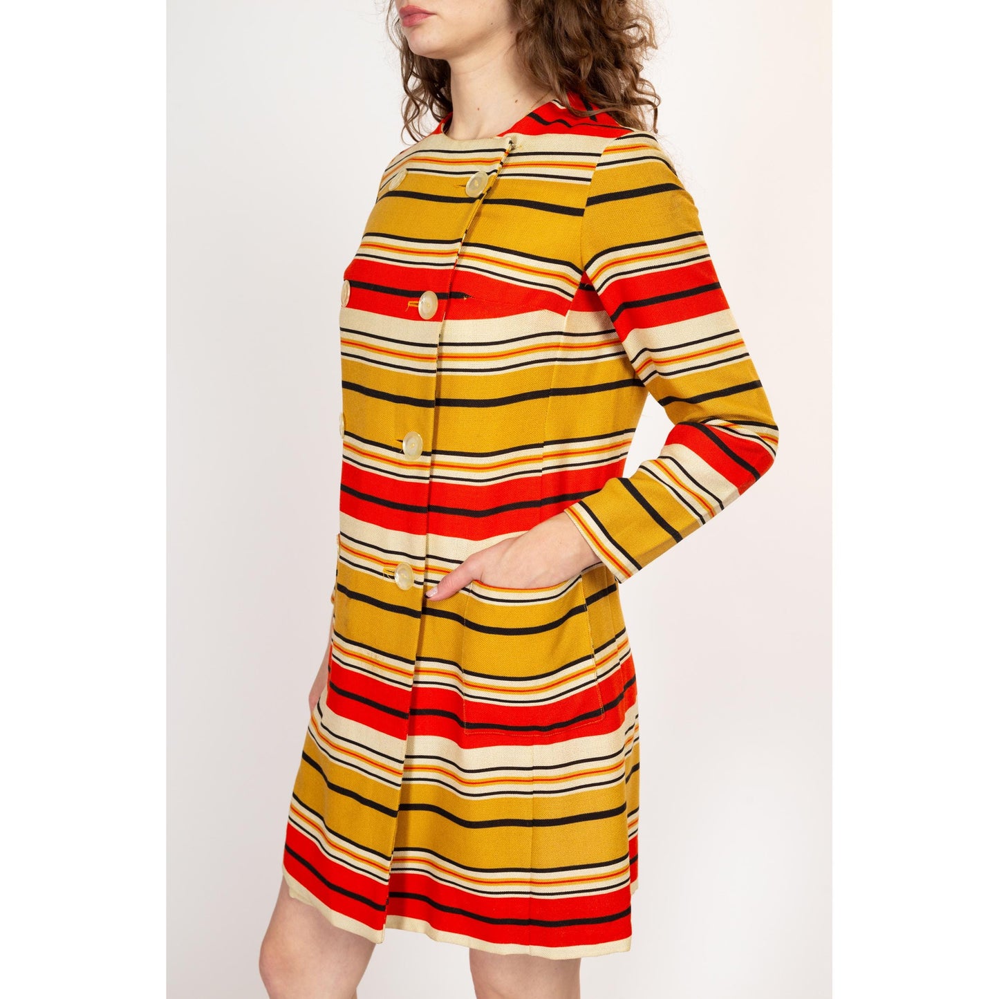 Small 60s Mod Red & Yellow Striped Mini Wrap Dress | Vintage Long Sleeve Double Breasted Jacket Dress