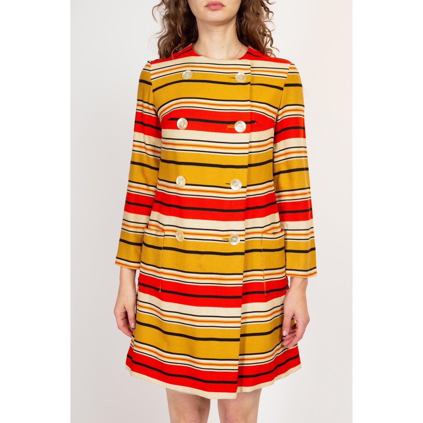 Small 60s Mod Red & Yellow Striped Mini Wrap Dress | Vintage Long Sleeve Double Breasted Jacket Dress