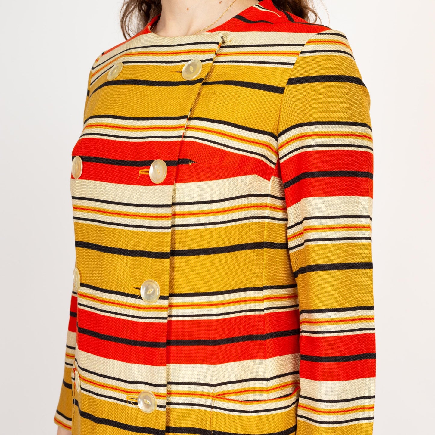 Small 60s Mod Red & Yellow Striped Mini Wrap Dress | Vintage Long Sleeve Double Breasted Jacket Dress