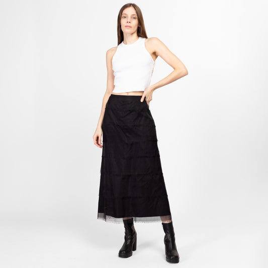 Medium 90s Tadashi Black Silk Tiered Maxi Skirt 29" | Vintage Fringe Gothic Formal High Waisted Skirt