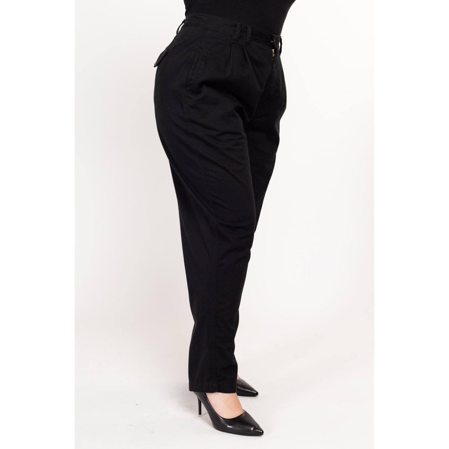 Lrg-XL 90s Black Cotton High Waisted Trousers 32"-36" | Vintage Gloria Vanderbilt Pleated Tapered Leg Minimalist Baggy Pants