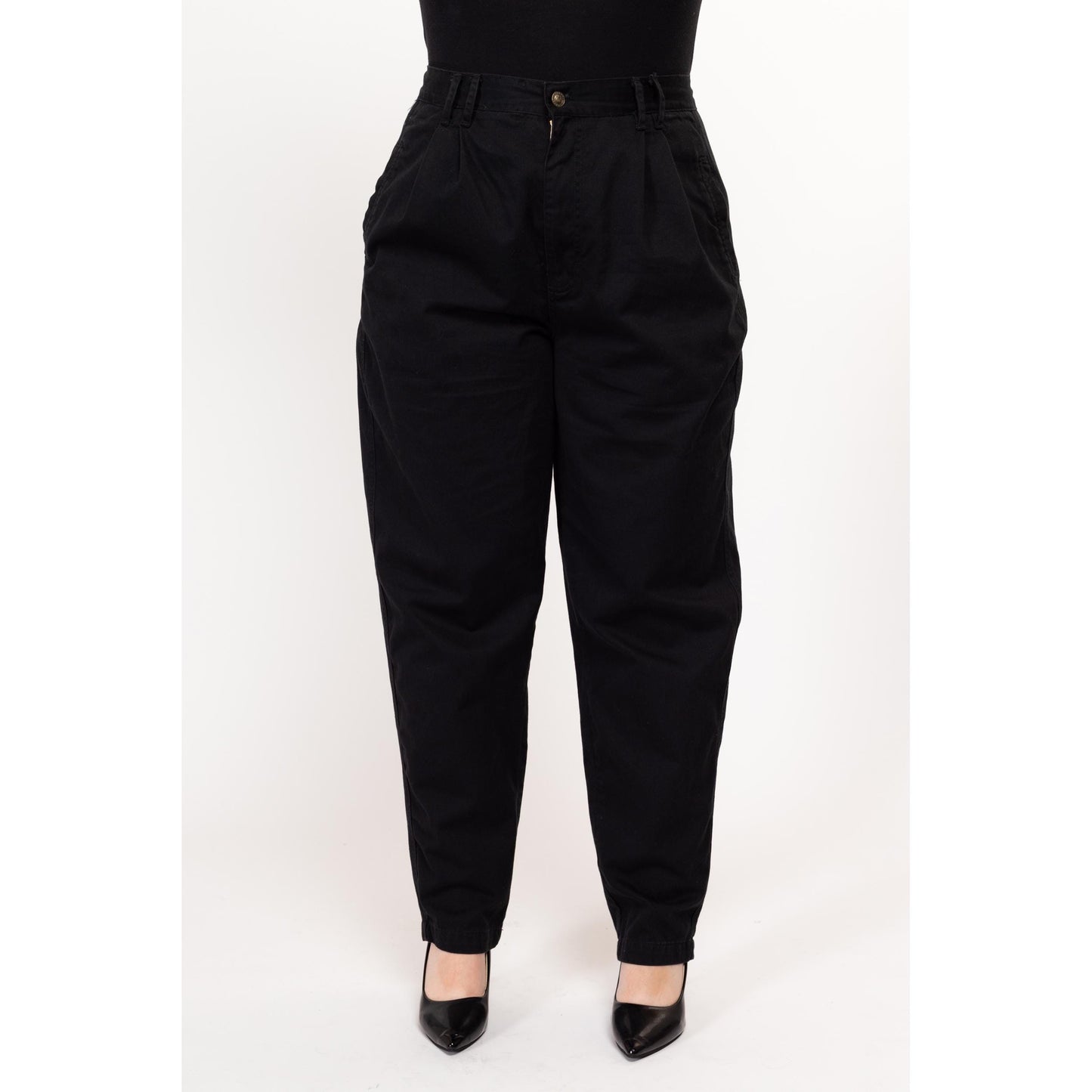 Lrg-XL 90s Black Cotton High Waisted Trousers 32"-36" | Vintage Gloria Vanderbilt Pleated Tapered Leg Minimalist Baggy Pants