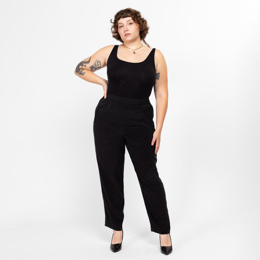 Lrg-XL 80s Black Silk High Waisted Trousers 32"-38" | Vintage Tapered Leg Minimalist Lounge Pants