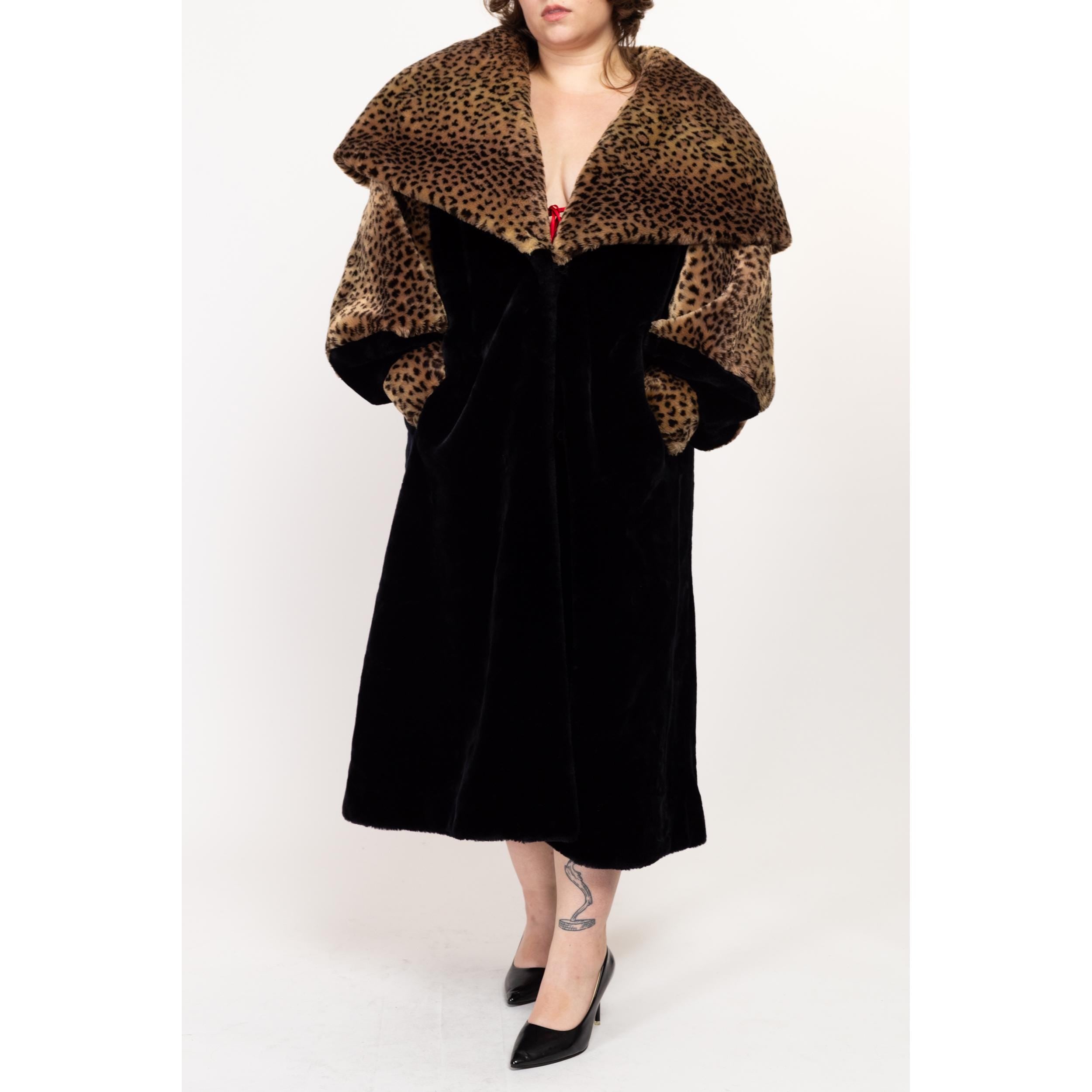 1X 80s Does 50s Faux Fur Leopard Print Hooded Maxi Princess Coat Flying Apple Vintage