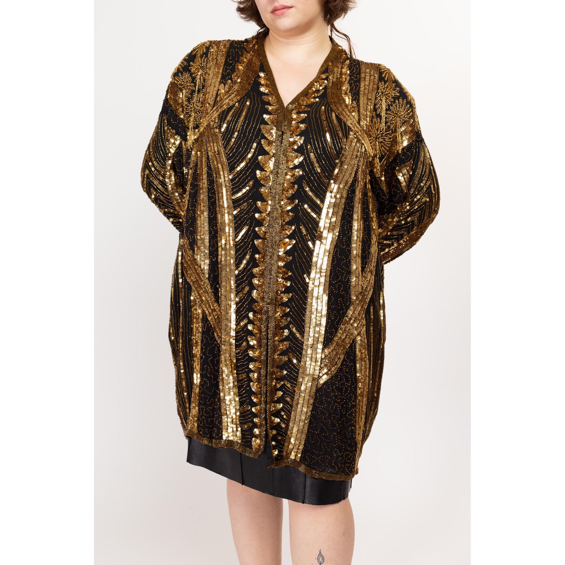 One Size 80s Deco Tan Chho Black & Gold Beaded Silk Jacket | Vintage Long Formal Glam Jacket