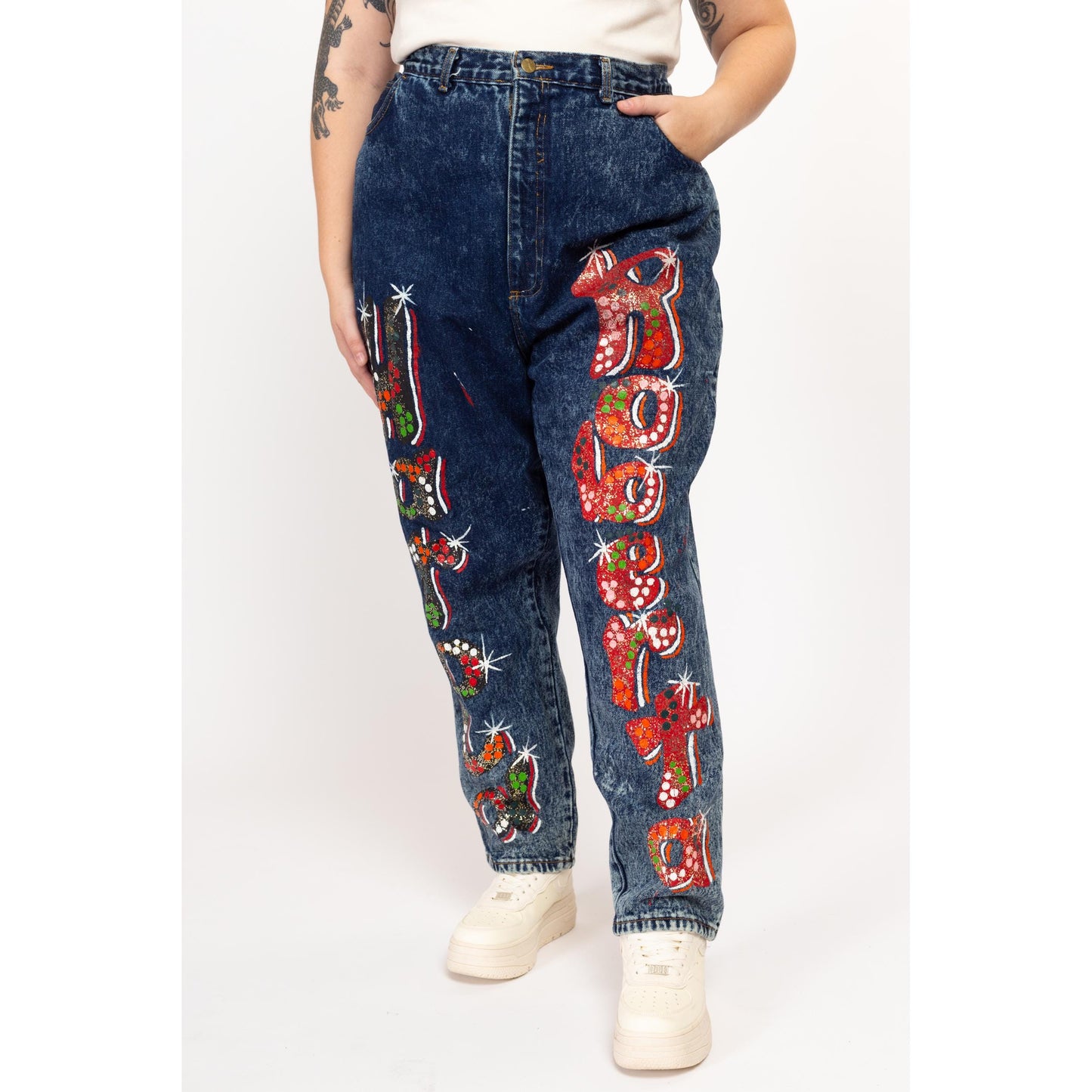 2X 80s Acid Wash Painted Graffiti Jeans 42" | Vintage High Waisted Dark Wash Denim Ankle Zipper Tapered Leg Jeans