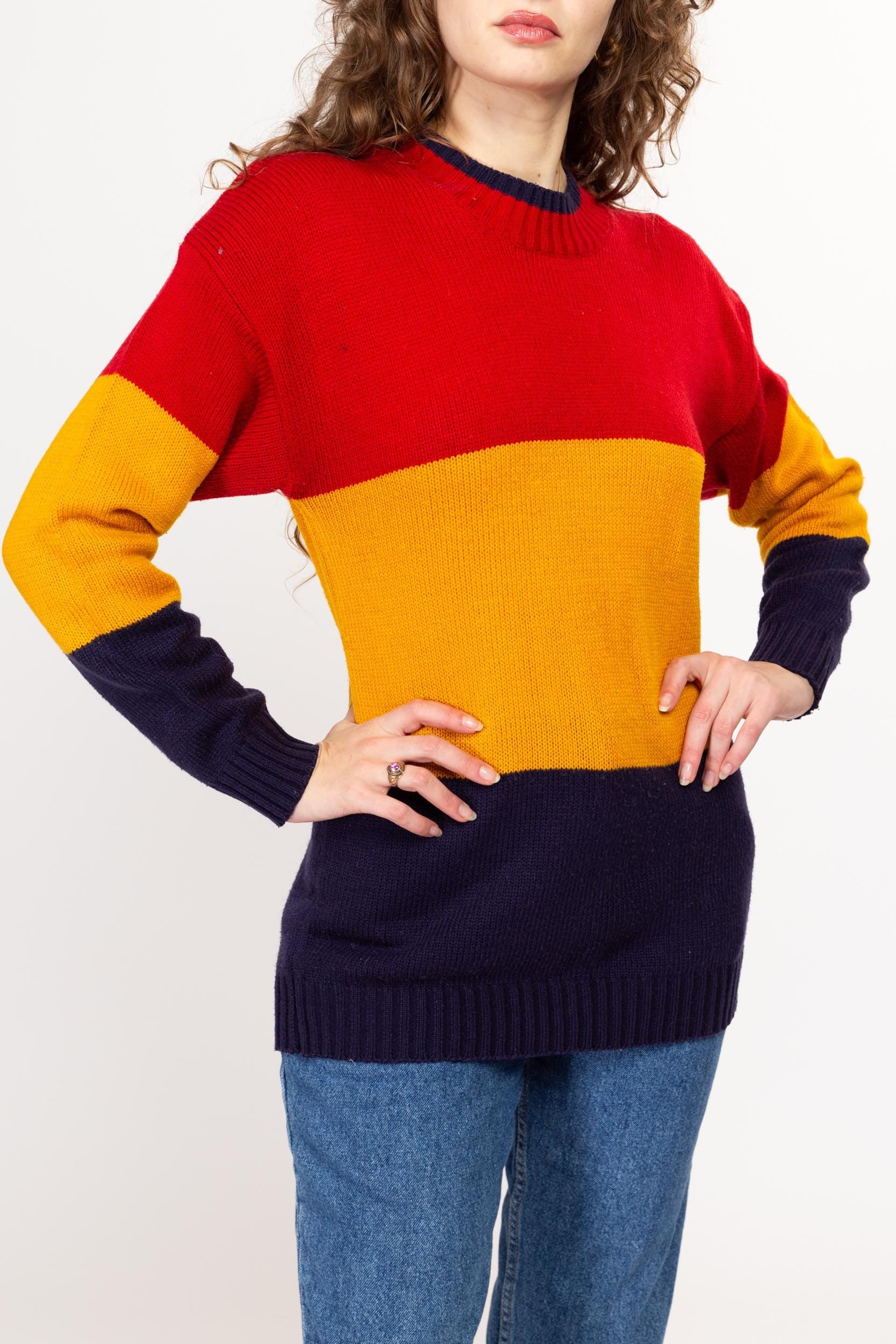 Large 80s Chunky Color Block Knit Sweater Flying Apple Vintage