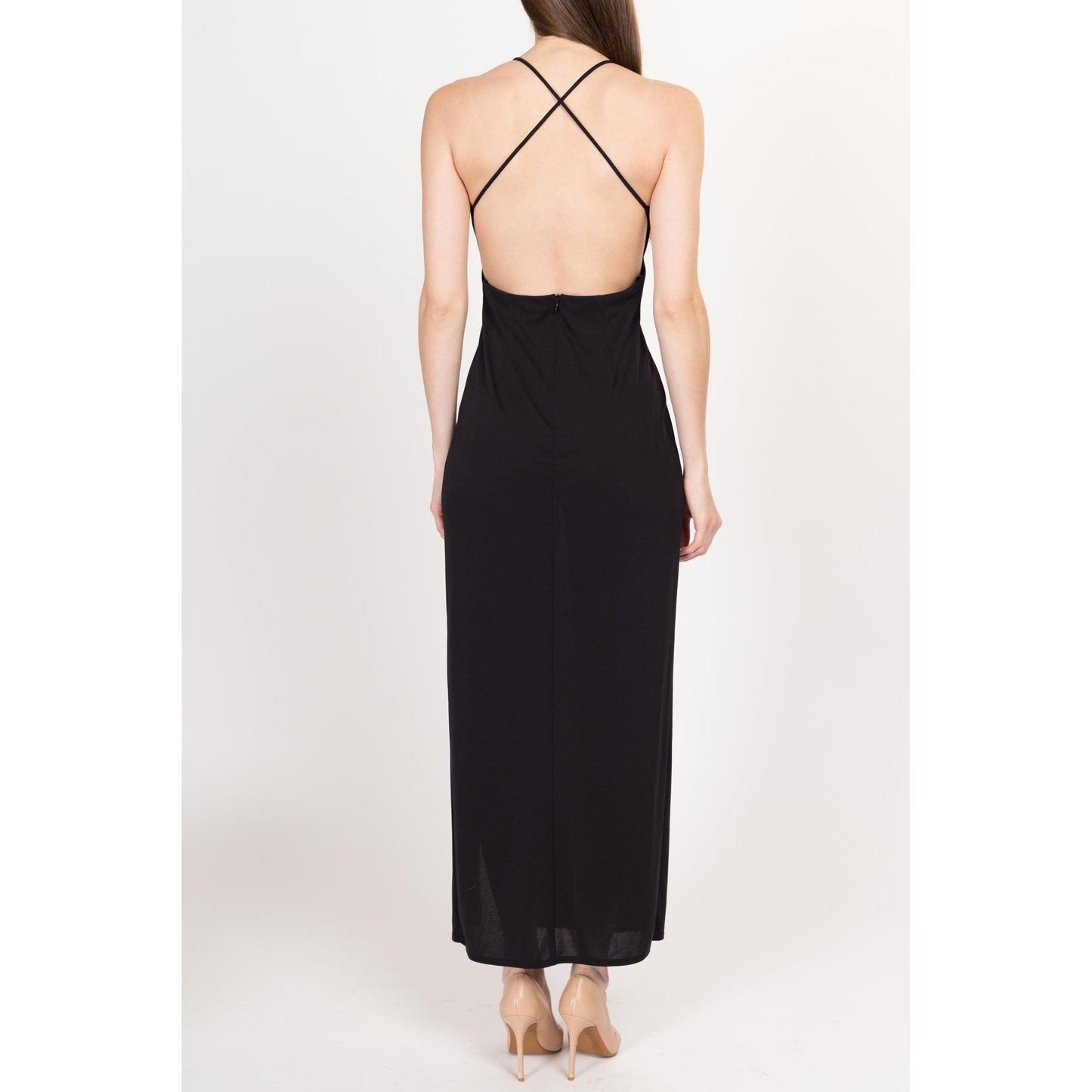 Small 90s Black Strappy Backless Maxi Dress | Vintage Criss Cross Low Back High Slit Cocktail Party Dress