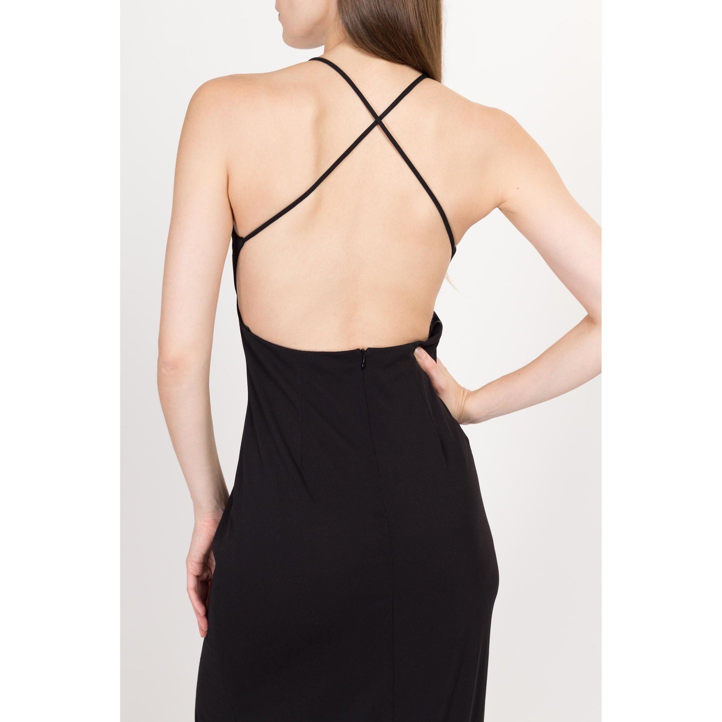 Small 90s Black Strappy Backless Maxi Dress | Vintage Criss Cross Low Back High Slit Cocktail Party Dress