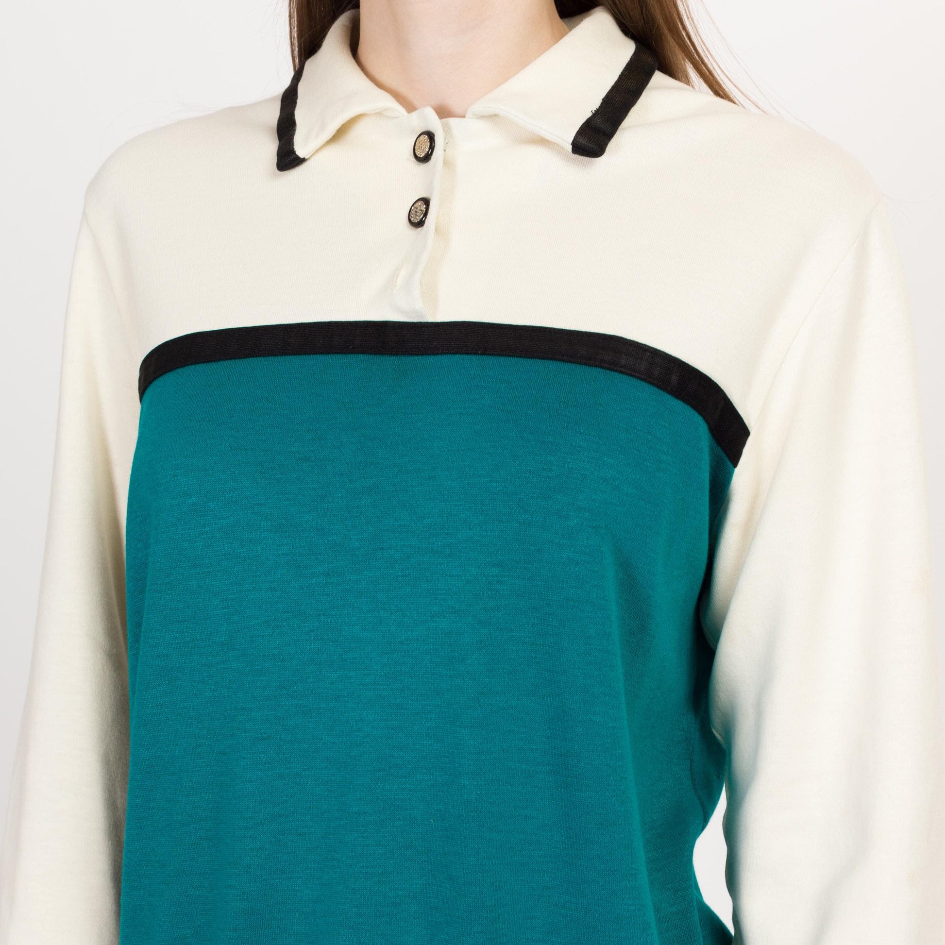 Medium 80s Color Block Collared Sweatshirt Top | Vintage Grunge Tri-Tone Pullover Shirt