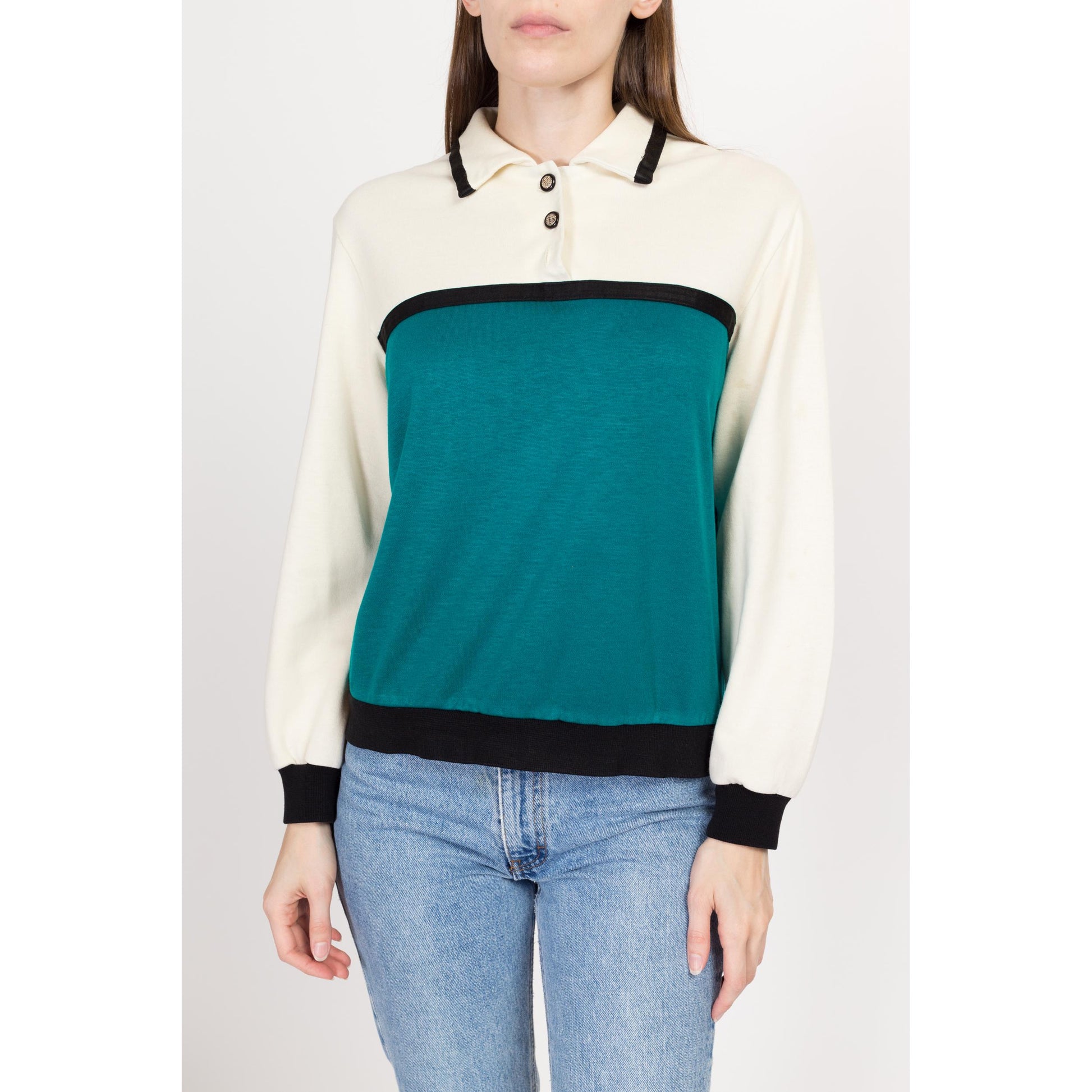 Medium 80s Color Block Collared Sweatshirt Top | Vintage Grunge Tri-Tone Pullover Shirt