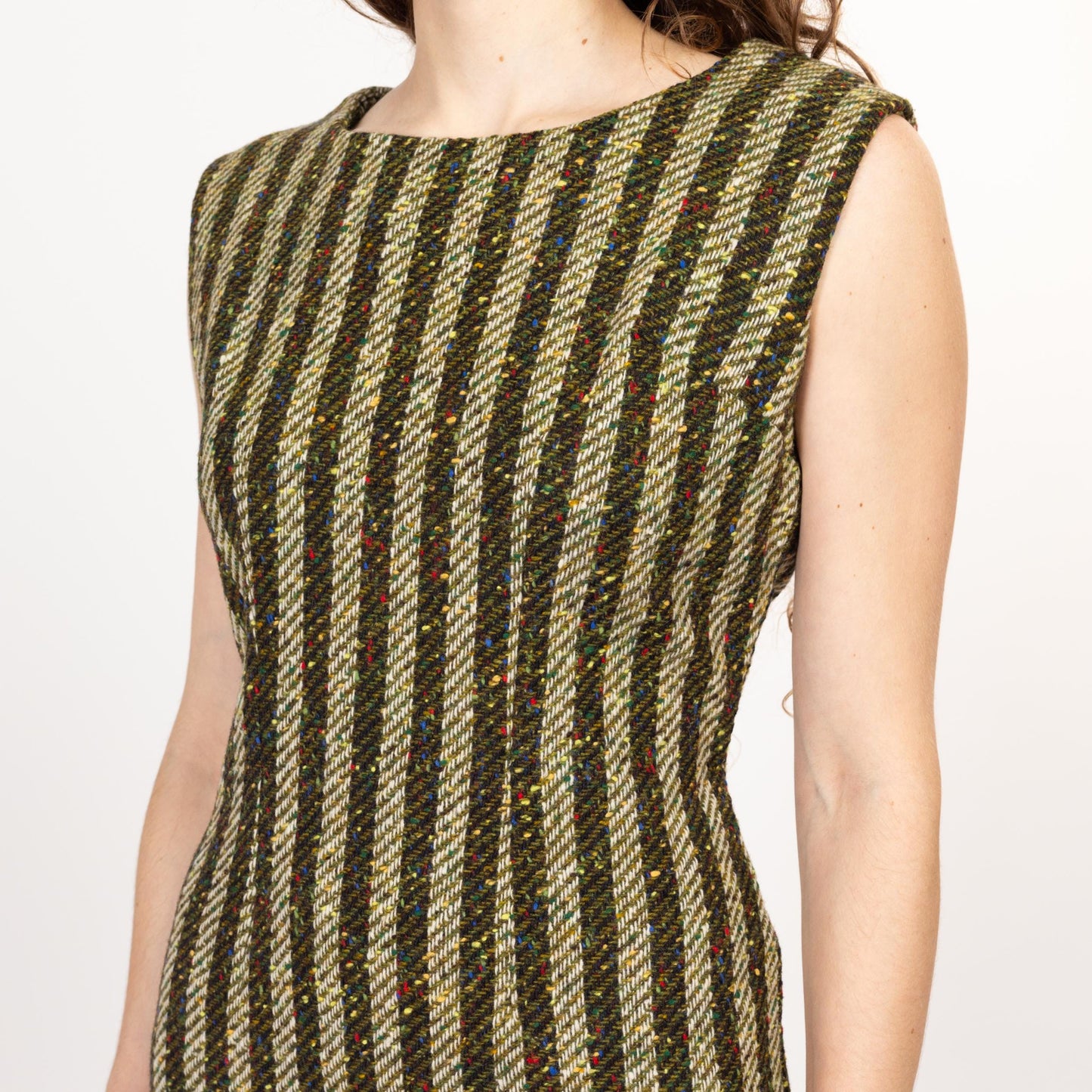 Petite Medium 60s 70s Green Striped Woven Mini Dress | Vintage Rainbow Flecked Knit Mod Sleeveless Sheath Dress