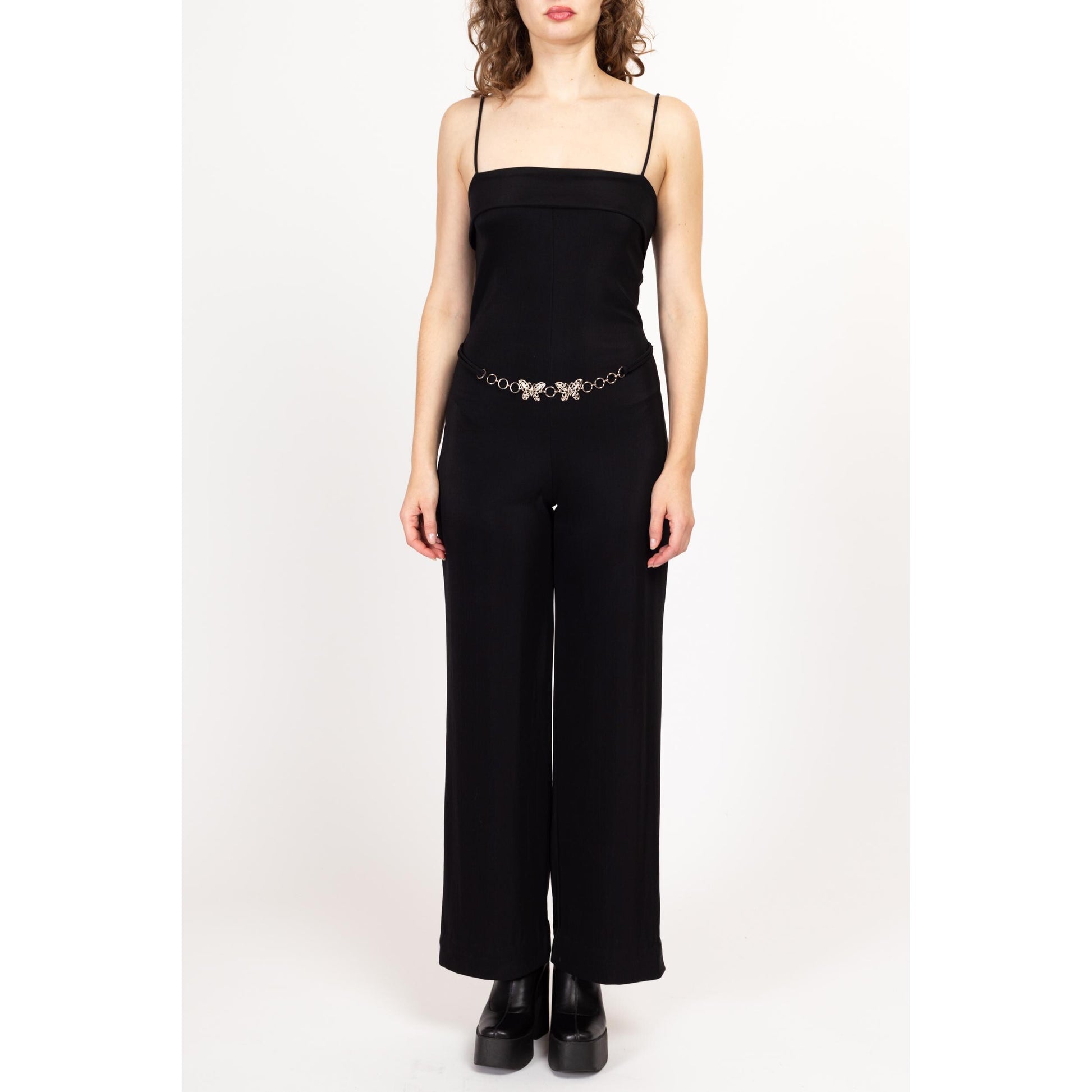 Medium 90s Slinky Black Butterfly Belt Jumpsuit | Vintage Spaghetti Strap Silver Metal Belted Pantsuit