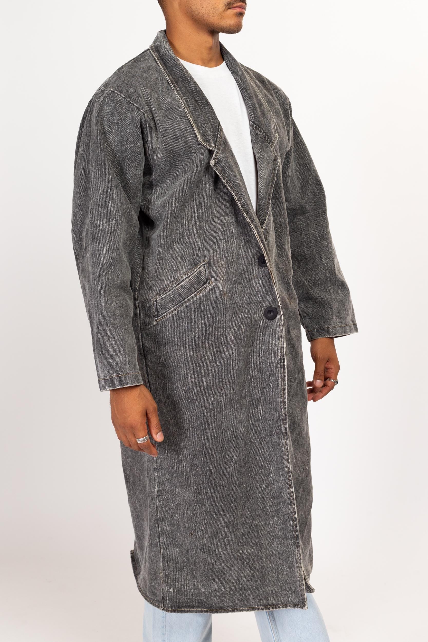 Vintage 80s hot Adult Medium Acid Wash Denim Belma Button Trench Coat Jacket Duster