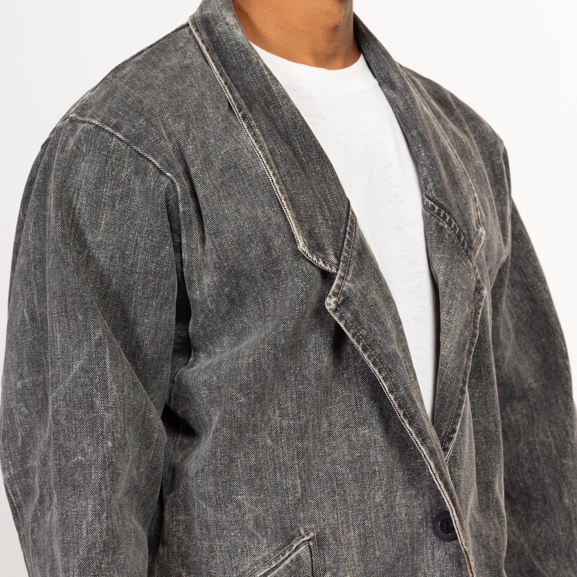 Medium 80s Acid Wash Grey Denim Duster Jacket | Vintage Oversize Collared Jean Button Up Coat