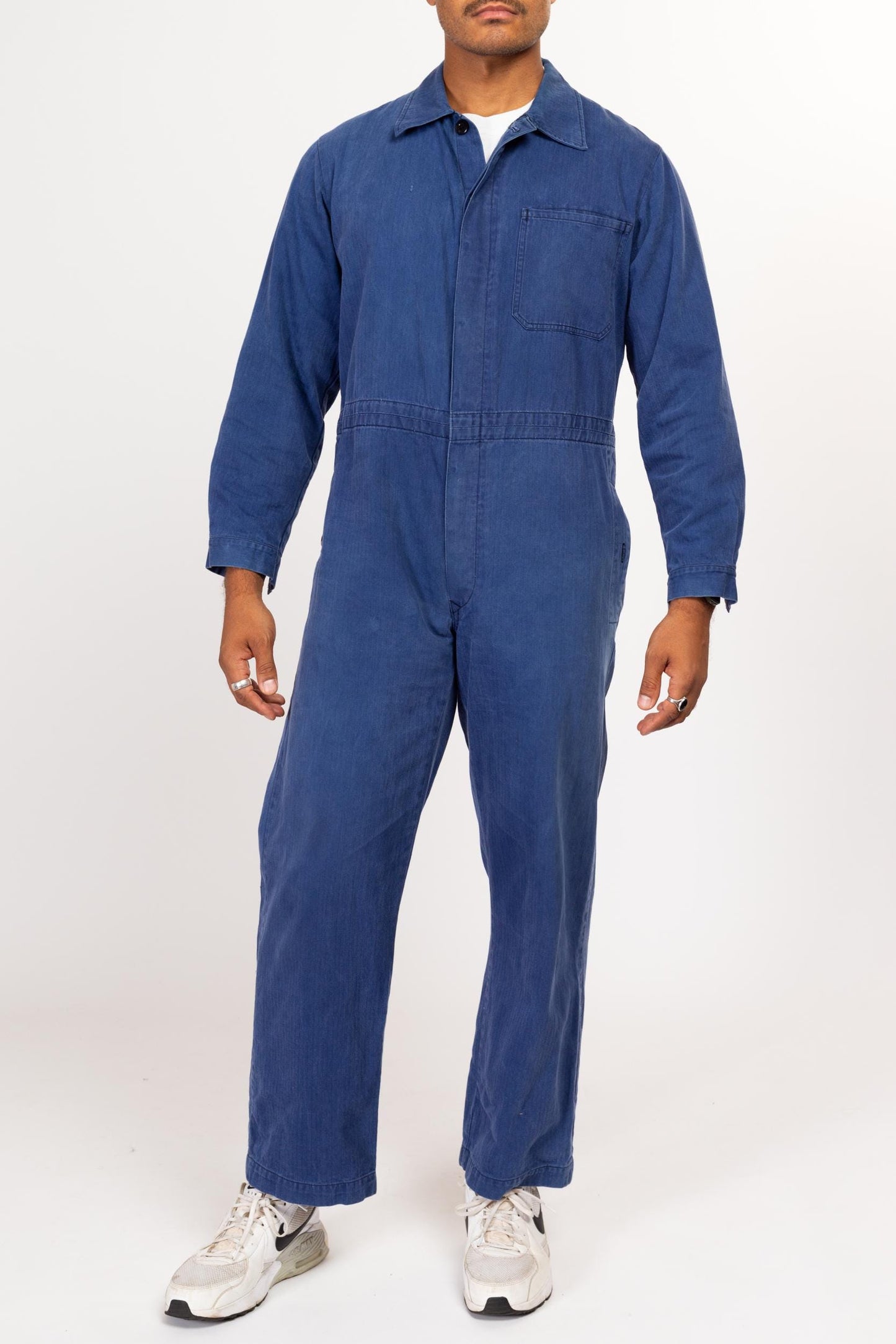 Medium Short 80s Blue Cotton Twill Workwear Coveralls | Vintage Indigo German Military Uniform Jumpsuit