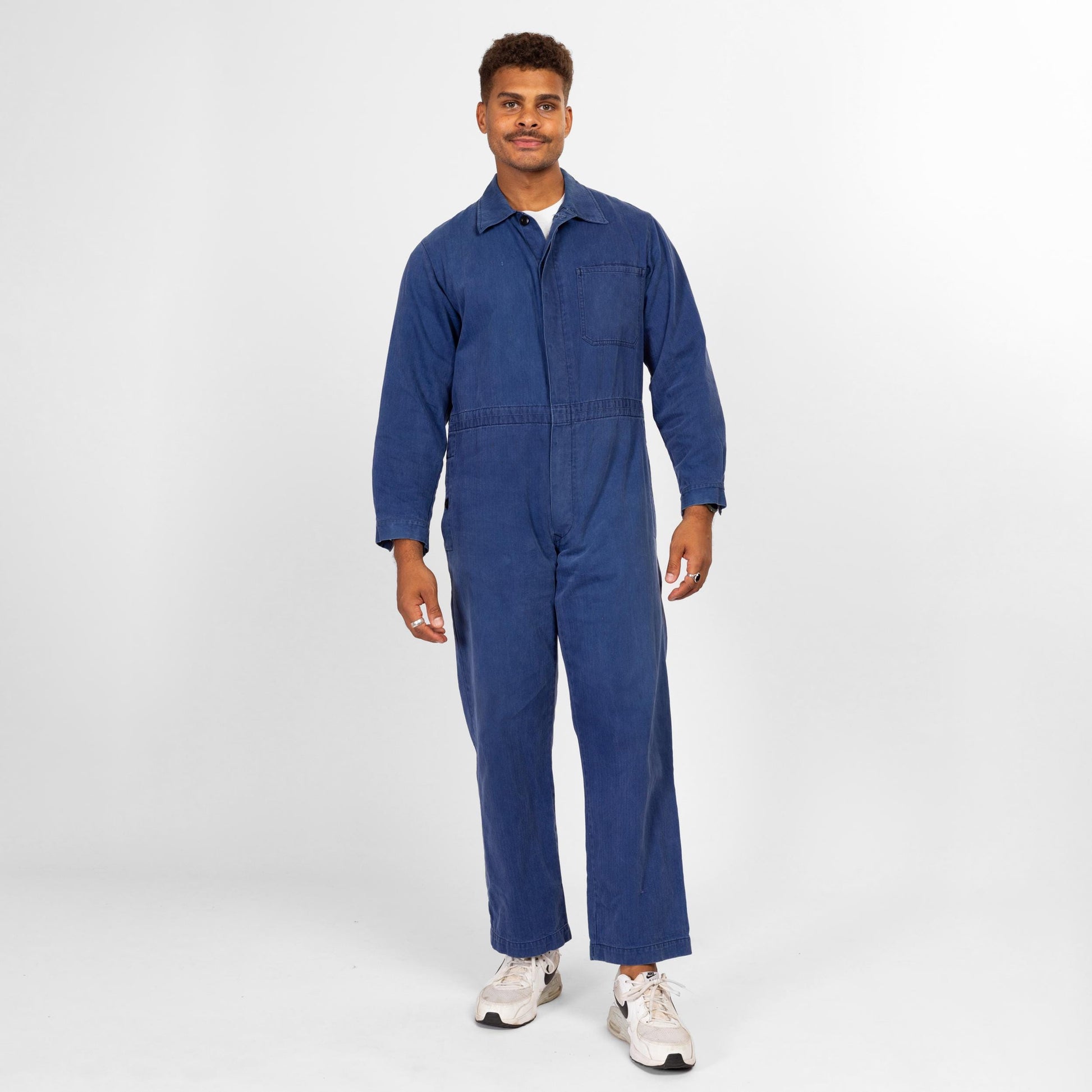 Medium Short 80s Blue Cotton Twill Workwear Coveralls | Vintage Indigo German Military Uniform Jumpsuit