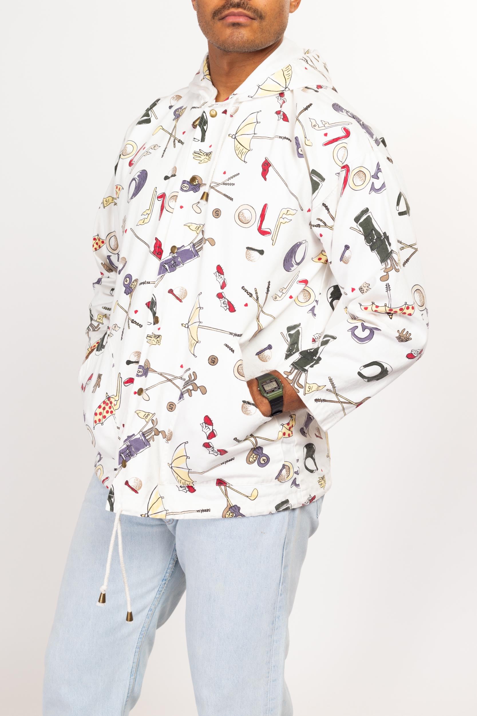 Medium 90s Golf Motif All Over Print Hoodie | Vintage Cotton Novelty Lightweight Hooded Jacket