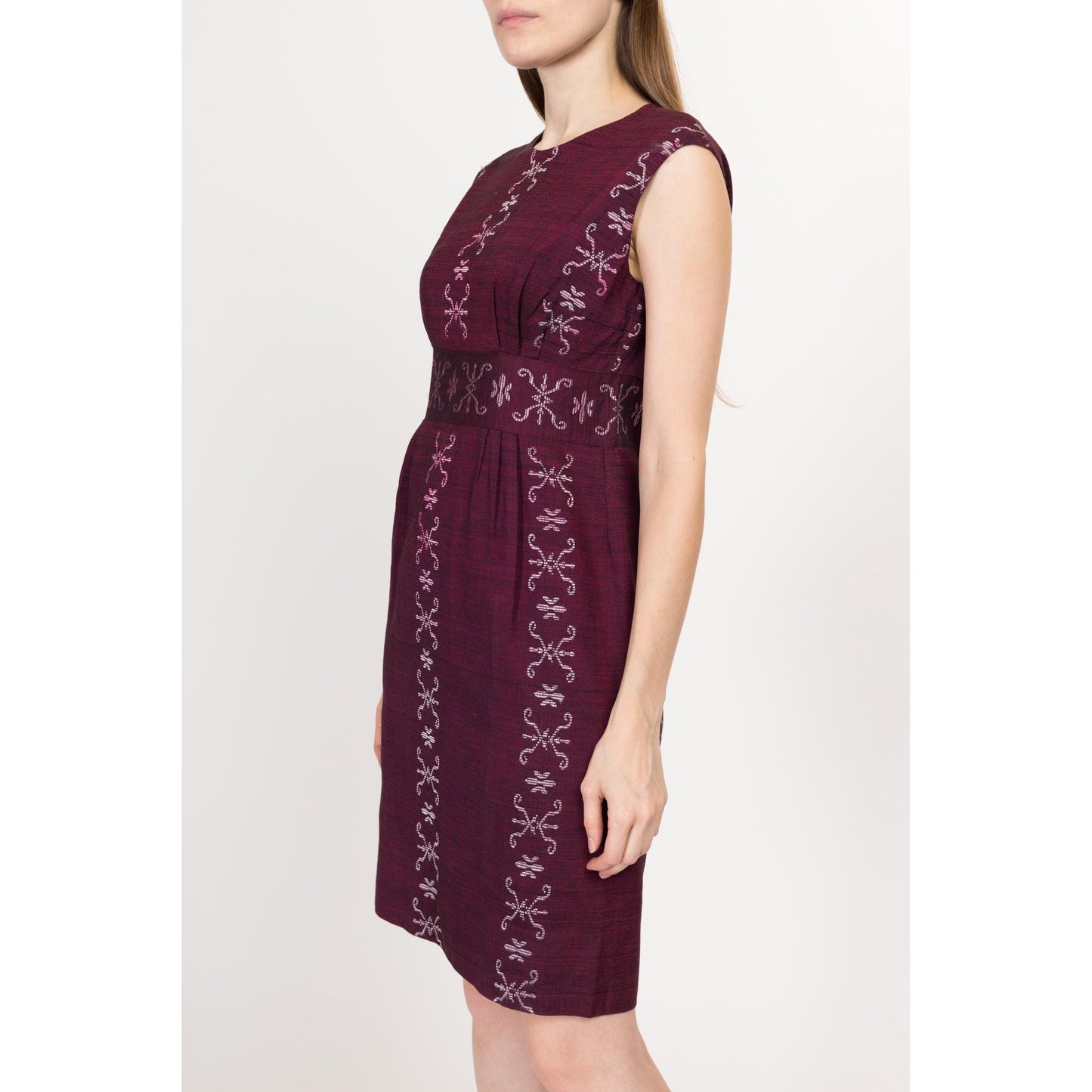 Medium 70s Grecian Burgundy Embroidered Mini Dress | Vintage Boho Woven Greek A Line Dress