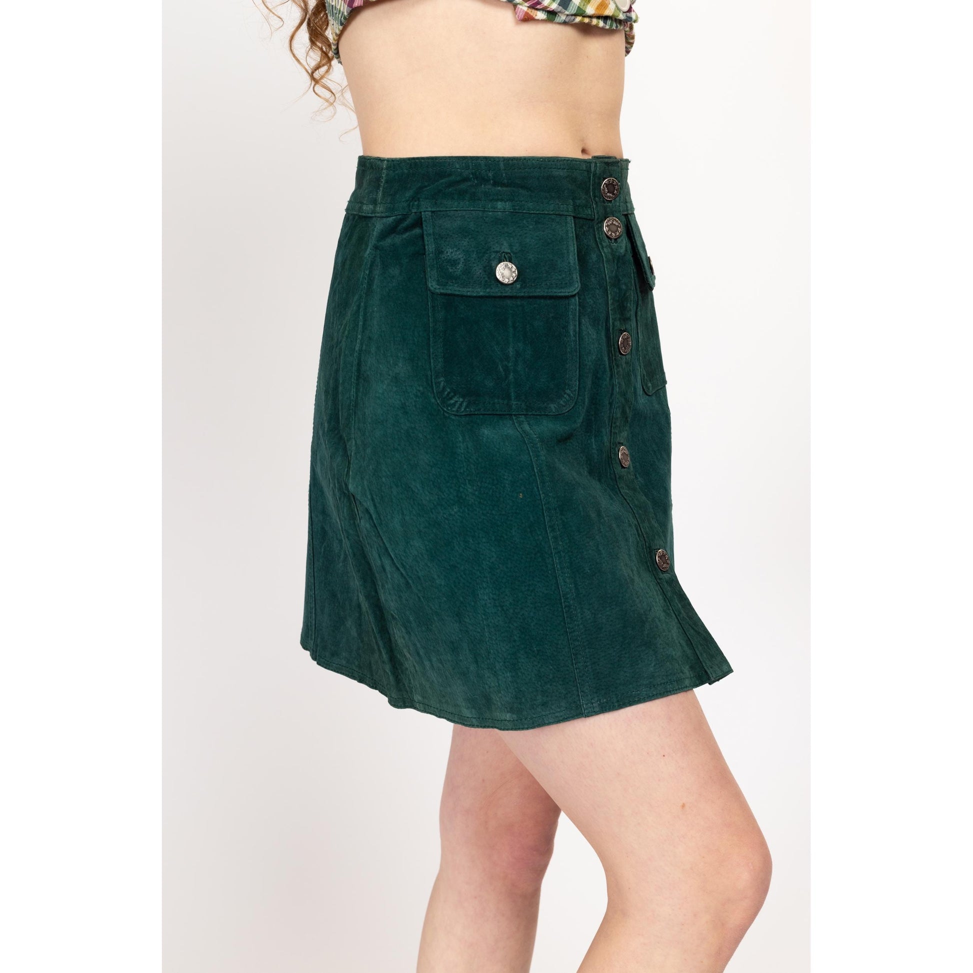 Medium 90s Emerald Green Suede Mini Skirt Size 8 NWT | Vintage High Waisted Button Up Boho Leather Skirt