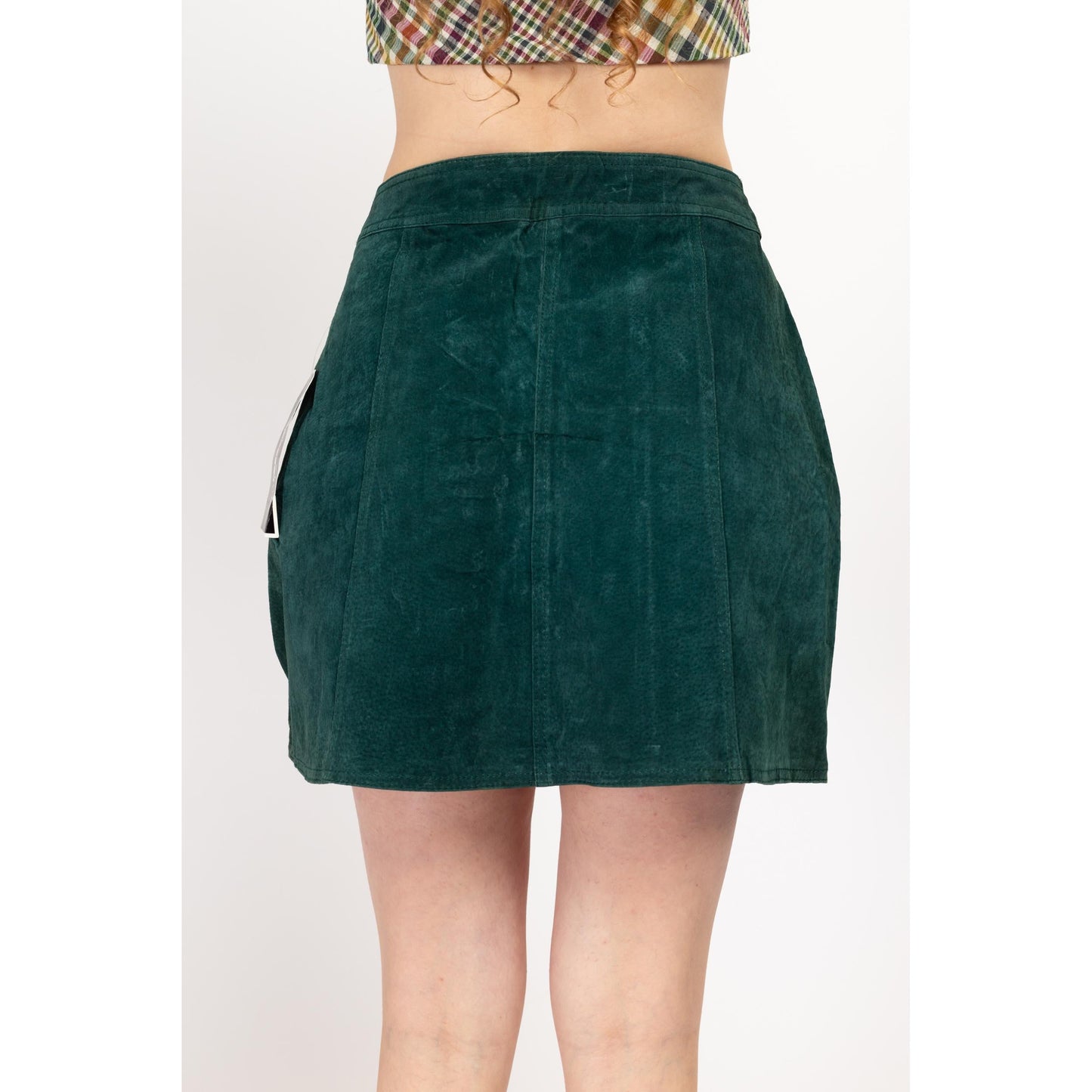 Medium 90s Emerald Green Suede Mini Skirt Size 8 NWT | Vintage High Waisted Button Up Boho Leather Skirt