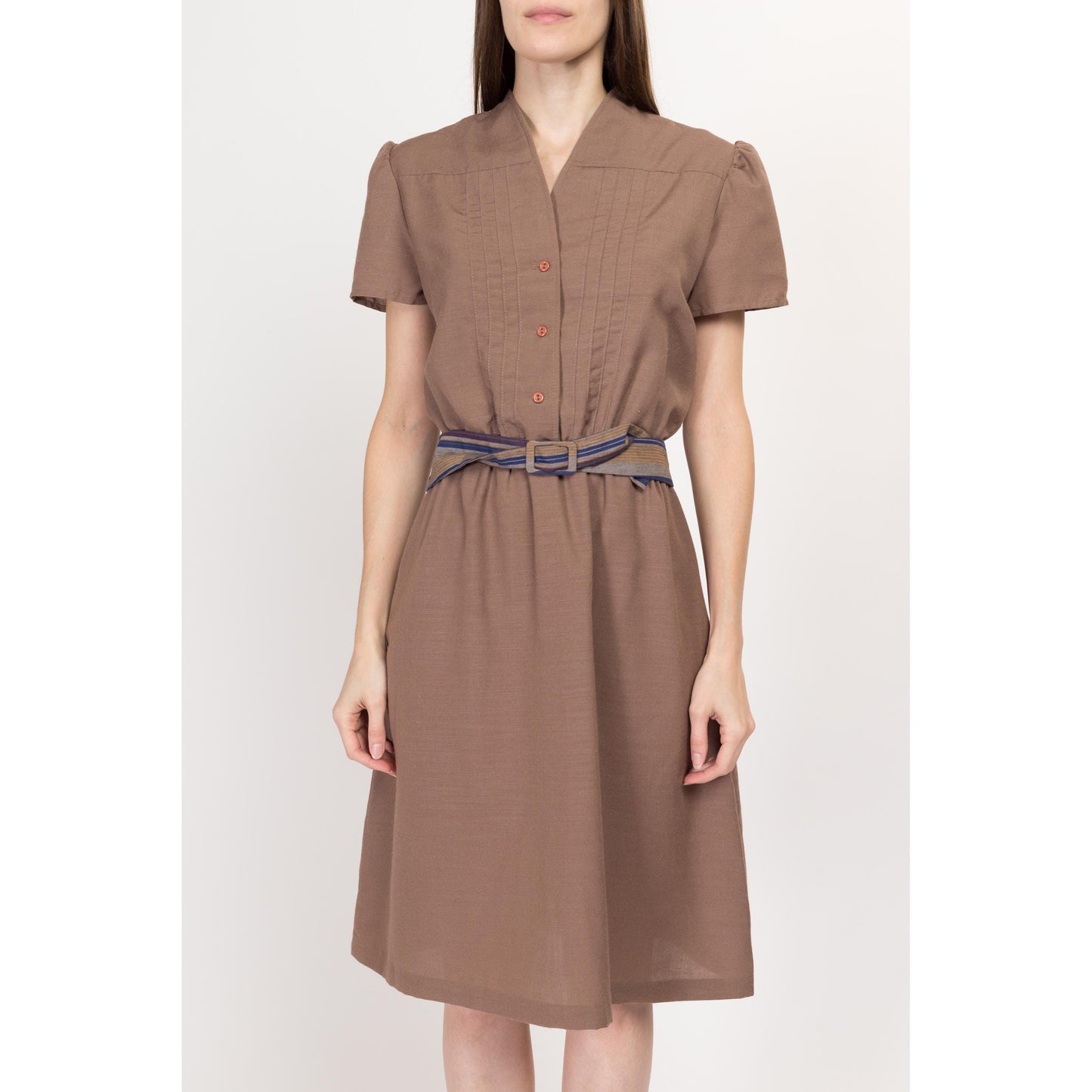 Medium 70s Cocoa Brown Belted Shirtdress | Vintage Short Puff Sleeve Knee Length Dress