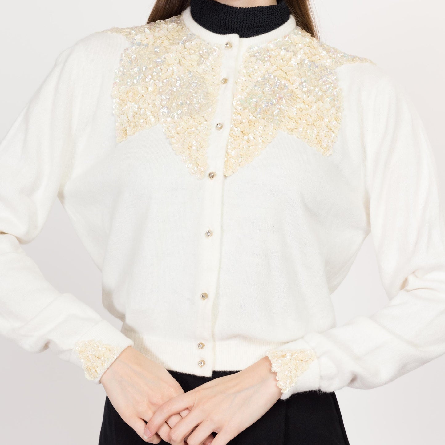 Small 50s-60s White Sequin Cardigan | Vintage Boho Cropped Button Up Lightweight Beaded Sweater