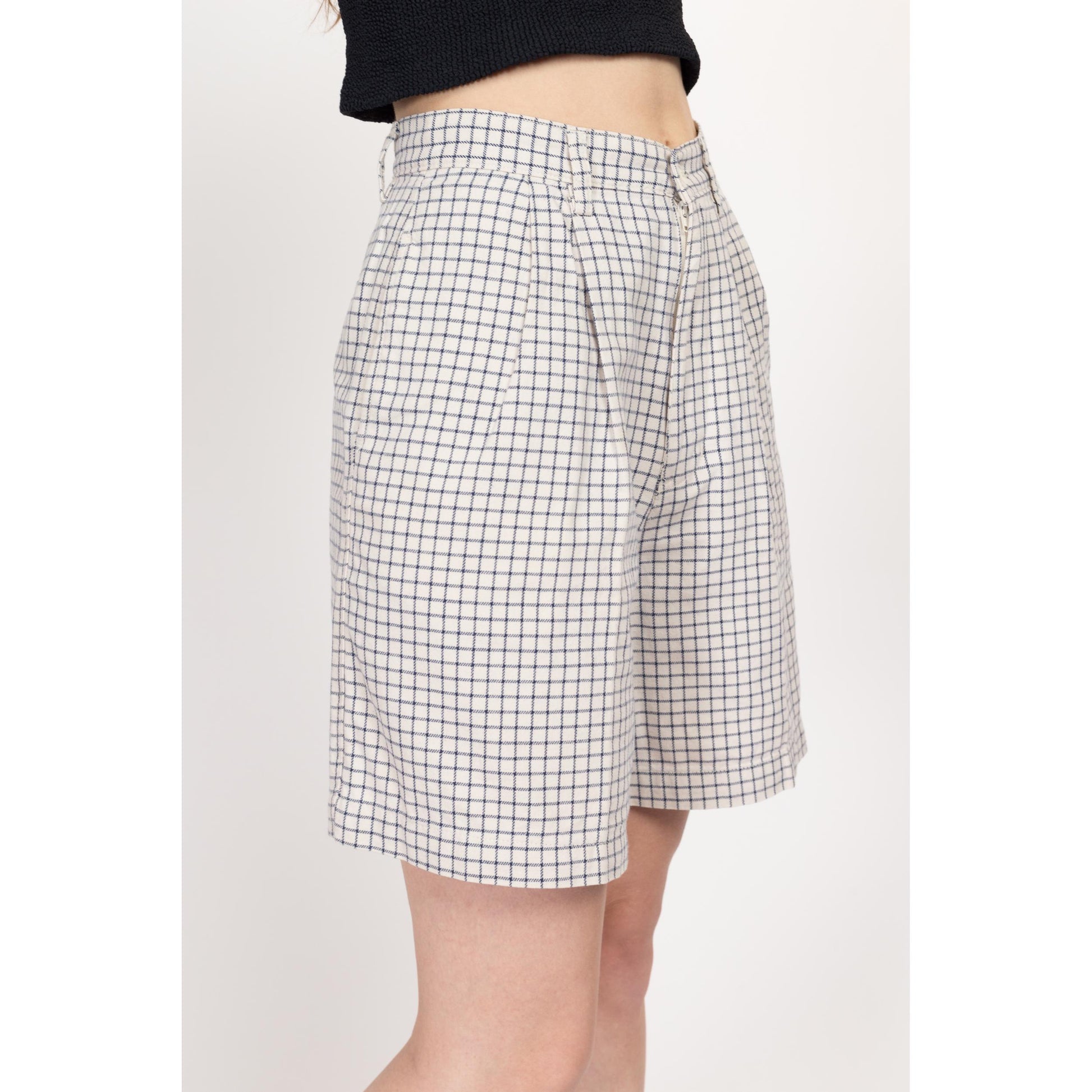 Small 80s Calvin Klein Windowpane Plaid Shorts 25.5" | Vintage High Waisted Blue White Cotton Pleated Shorts