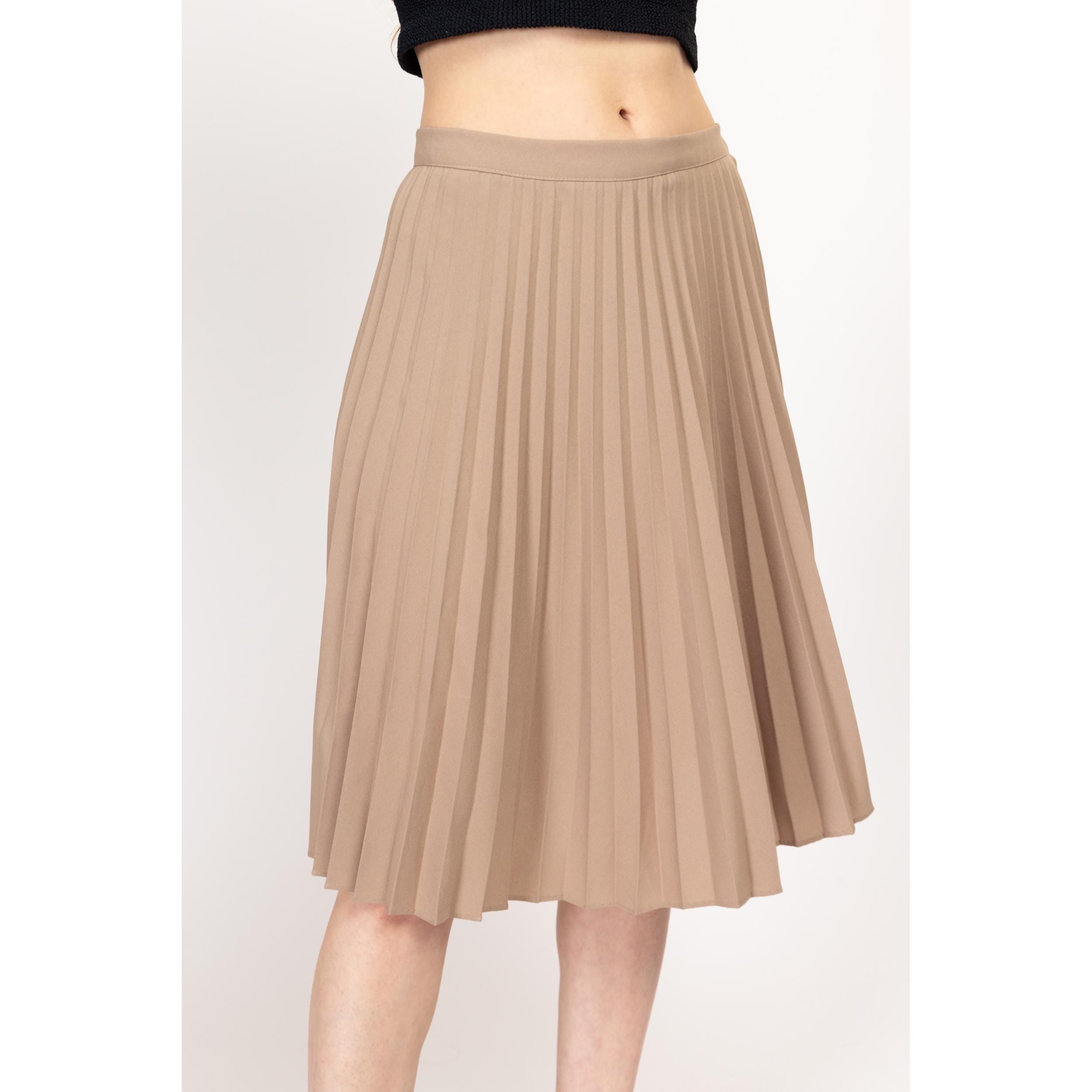 Medium 70s Khaki Accordion Pleat Midi Skirt 29 Flying Apple Vintage