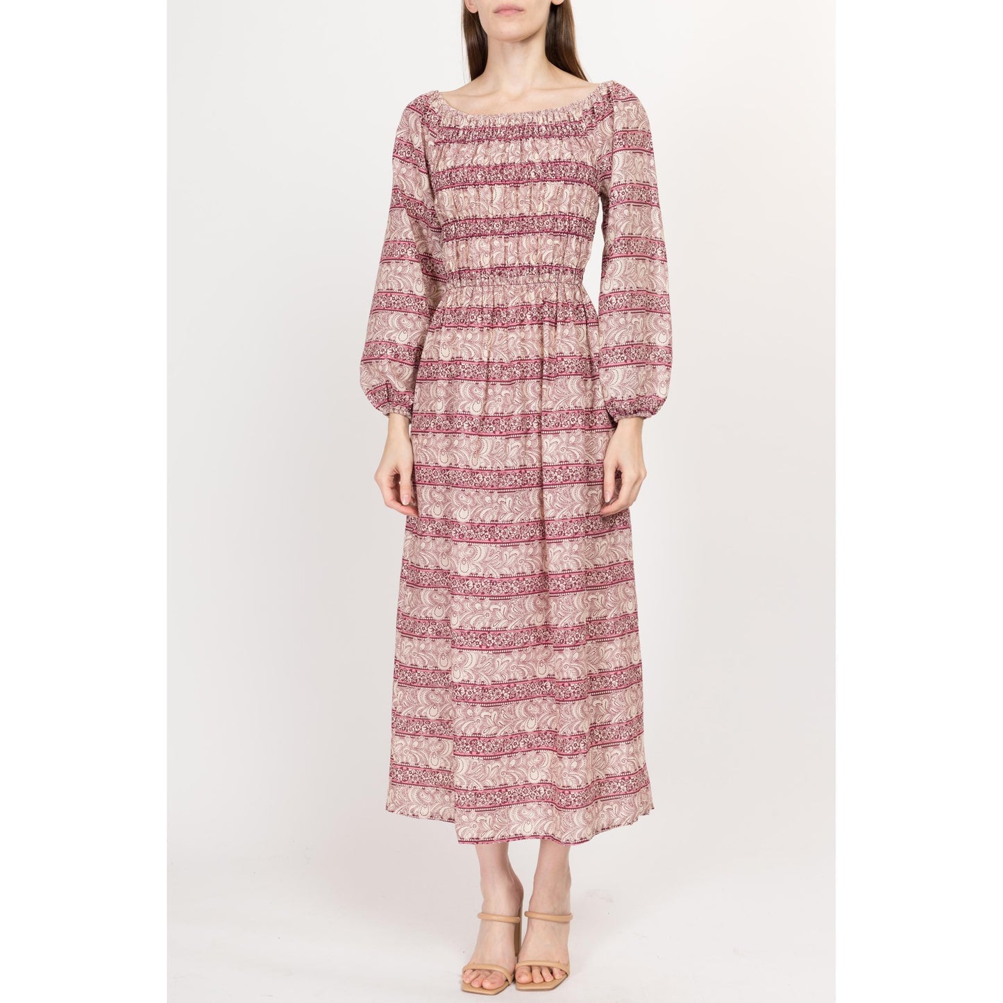 XS-Sm 70s Boho Pink & Purple Floral Off-Shoulder Maxi Dress | Vintage Long Sleeve Hippie Prairie Sundress