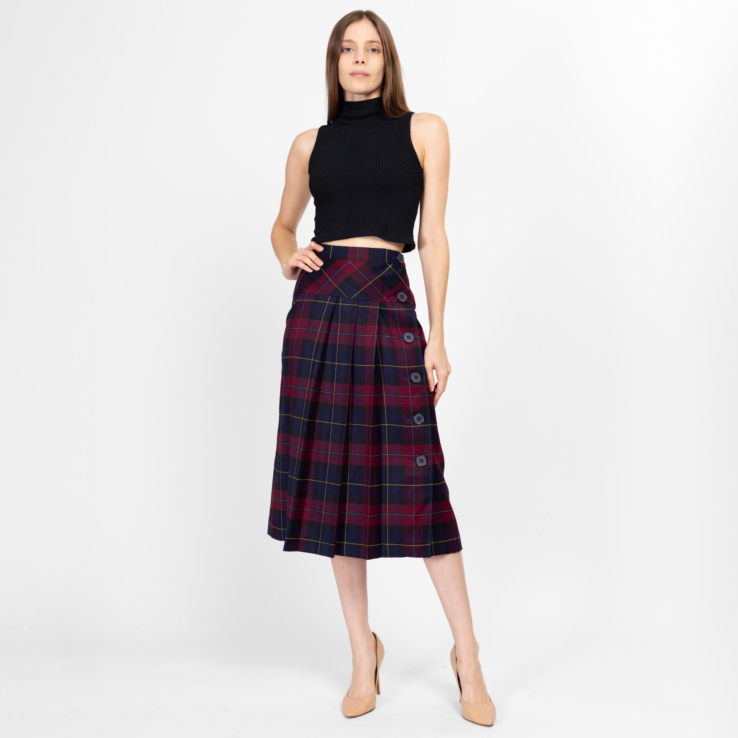 XS 90s Plaid Drop Waist Pleated Midi Skirt 25 Flying Apple Vintage