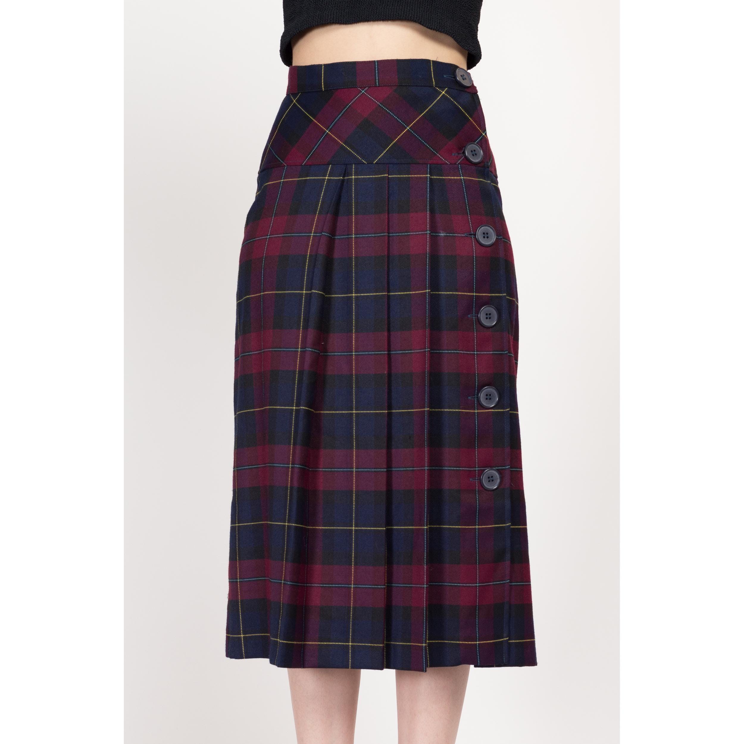 XS 90s Plaid Drop Waist Pleated Midi Skirt 25 Flying Apple Vintage